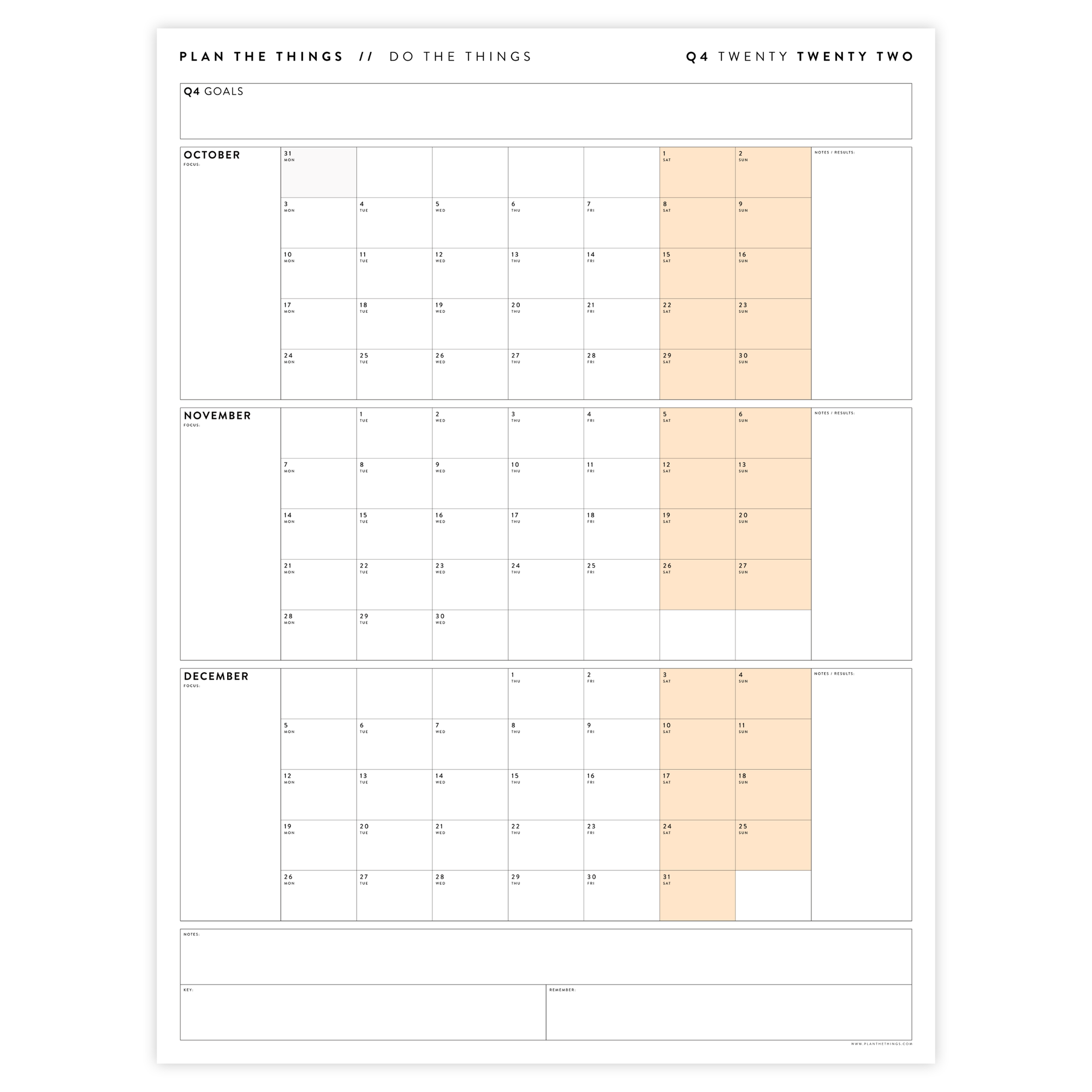 Q4 2022 QUARTERLY GIANT WALL CALENDAR (OCTOBER - DECEMBER 2022) - ORANGE WEEKENDS