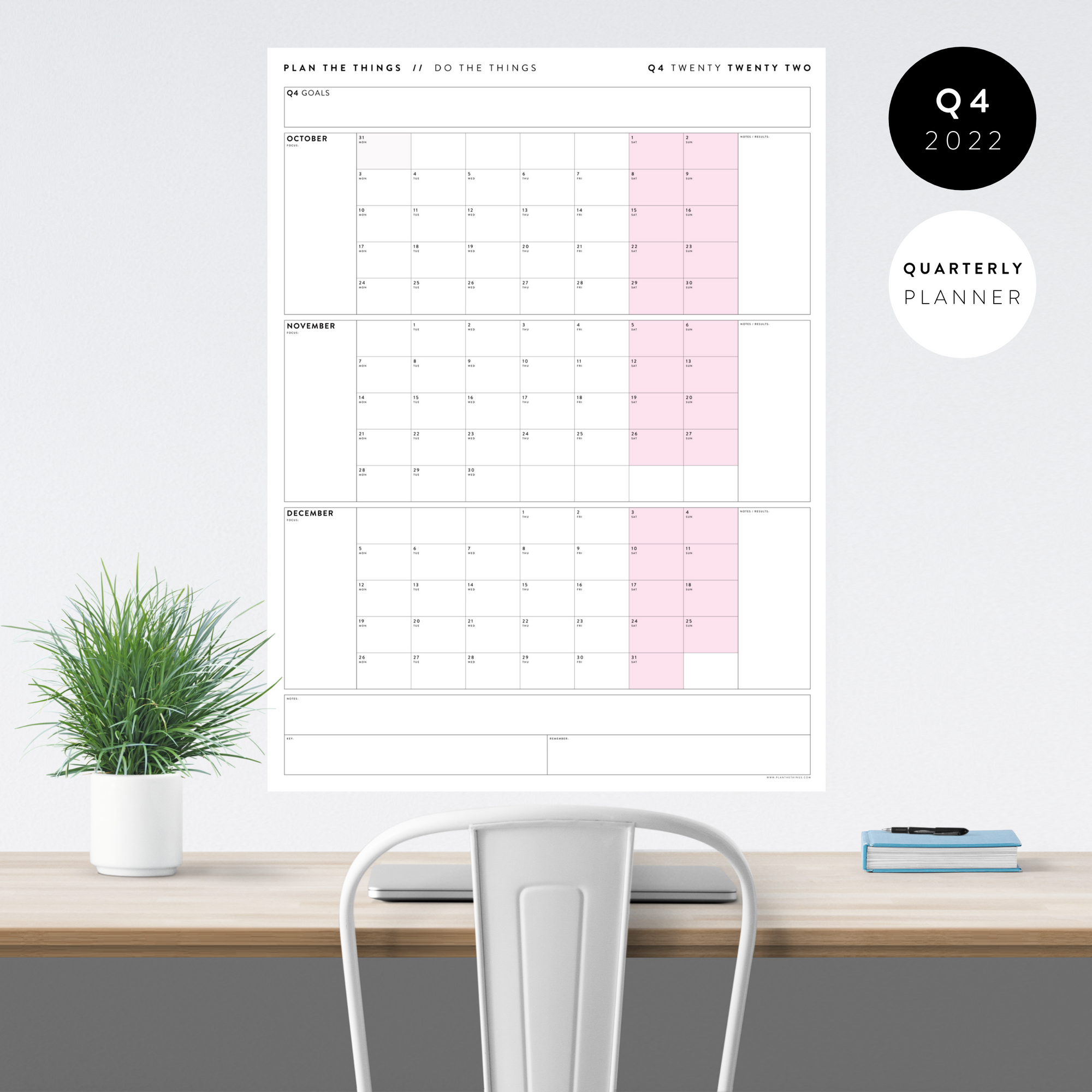 Q4 2022 QUARTERLY GIANT WALL CALENDAR (OCTOBER - DECEMBER 2022) - PINK WEEKENDS