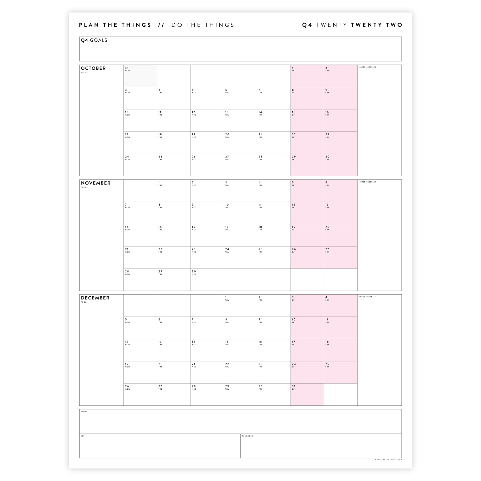 Q4 2022 QUARTERLY GIANT WALL CALENDAR (OCTOBER - DECEMBER 2022) - PINK WEEKENDS