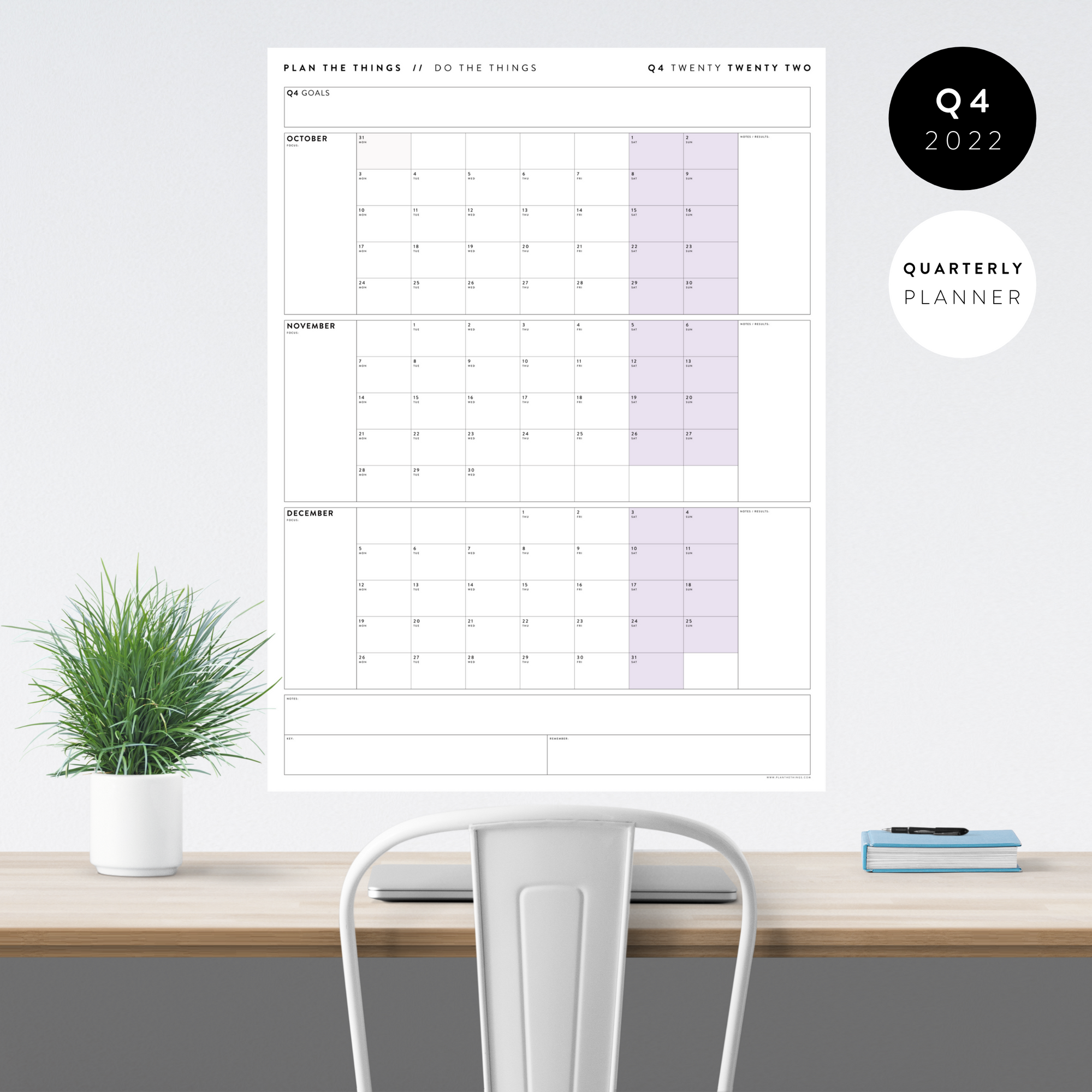 Q4 2022 QUARTERLY GIANT WALL CALENDAR (OCTOBER - DECEMBER 2022) - PURPLE WEEKENDS