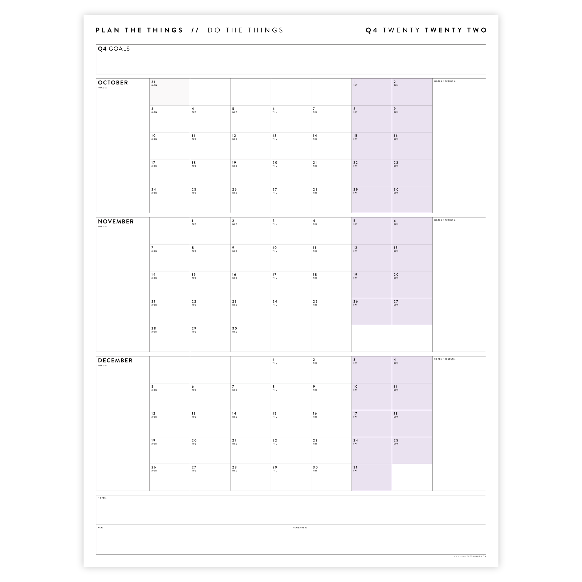 Q4 2022 QUARTERLY GIANT WALL CALENDAR (OCTOBER - DECEMBER 2022) - PURPLE WEEKENDS