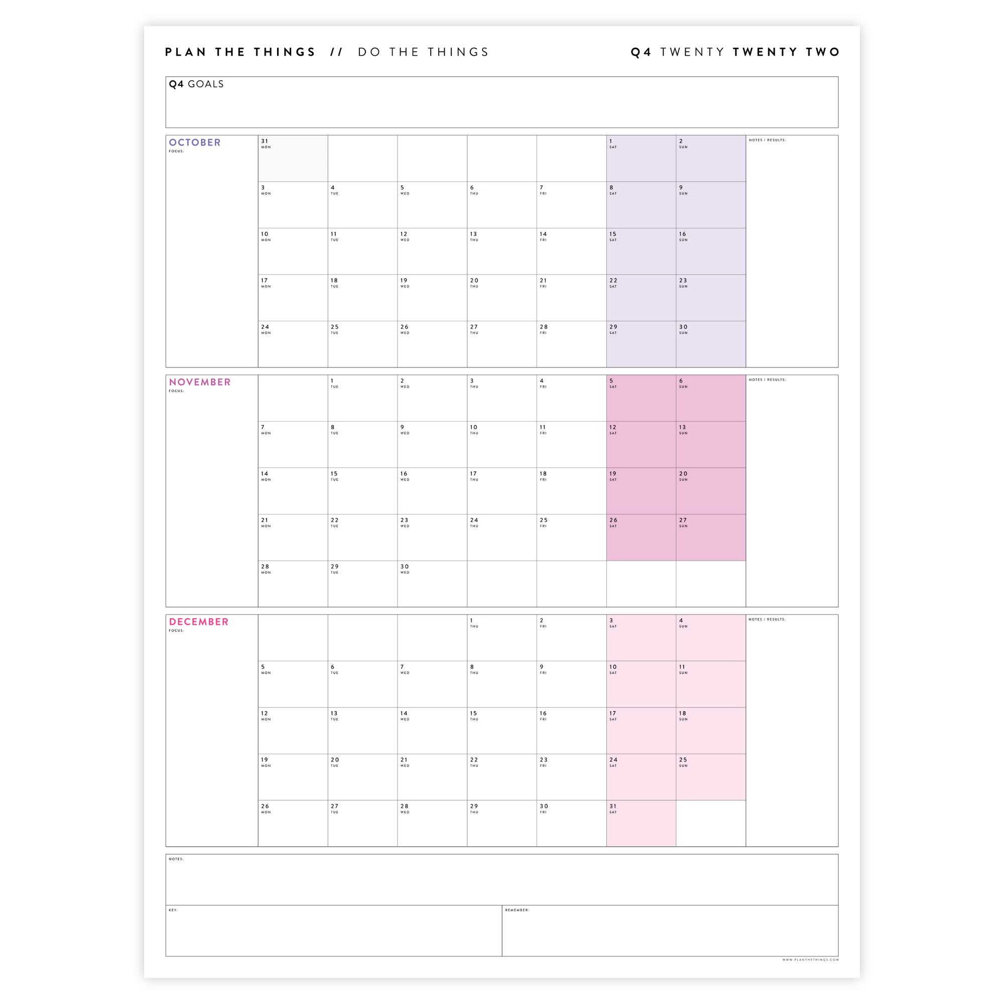 PRINTABLE Q4 (OCTOBER - DECEMBER) 2022 QUARTERLY WALL CALENDAR (RAINBOW) - INSTANT DOWNLOAD