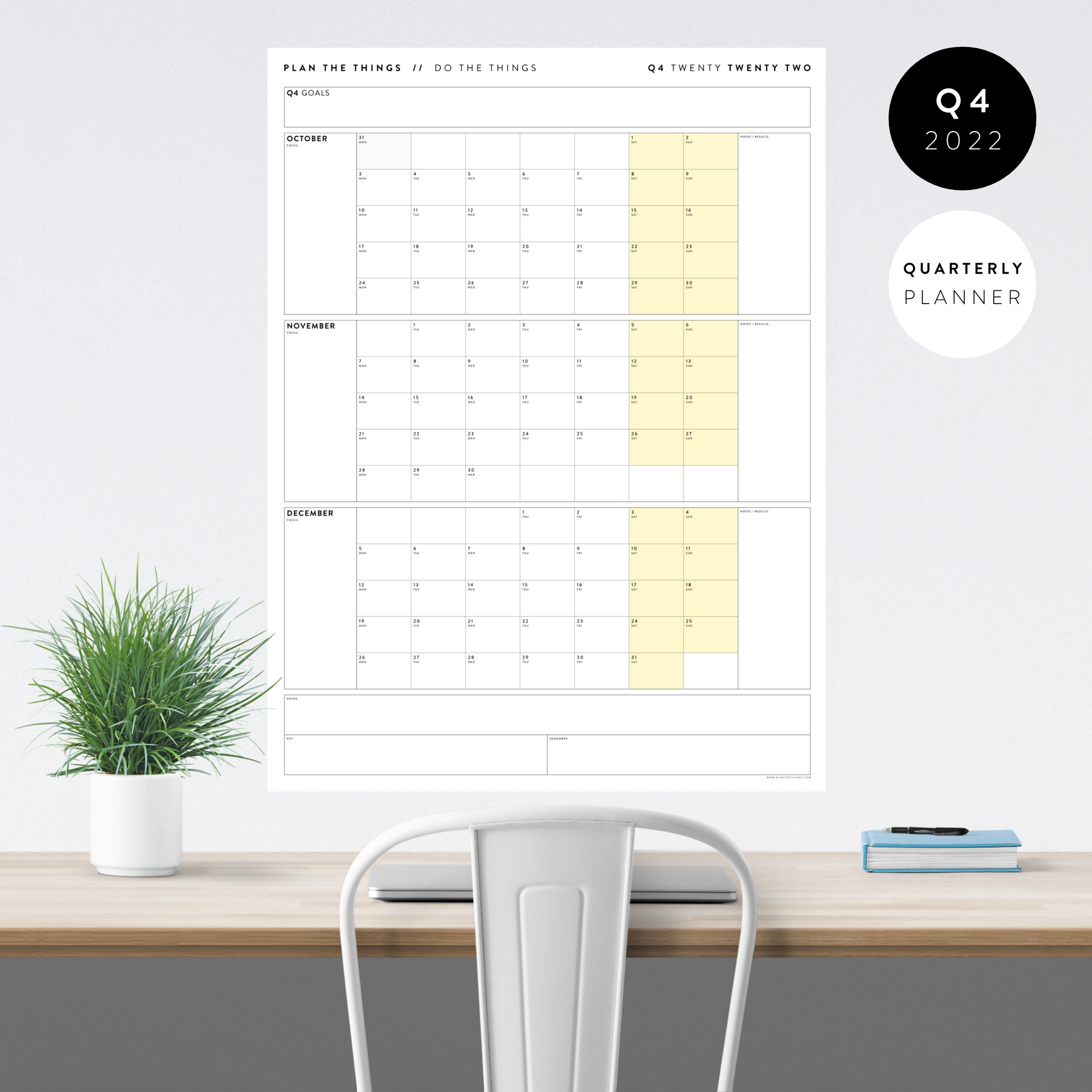 Q4 2022 QUARTERLY GIANT WALL CALENDAR (OCTOBER - DECEMBER 2022) - YELLOW WEEKENDS