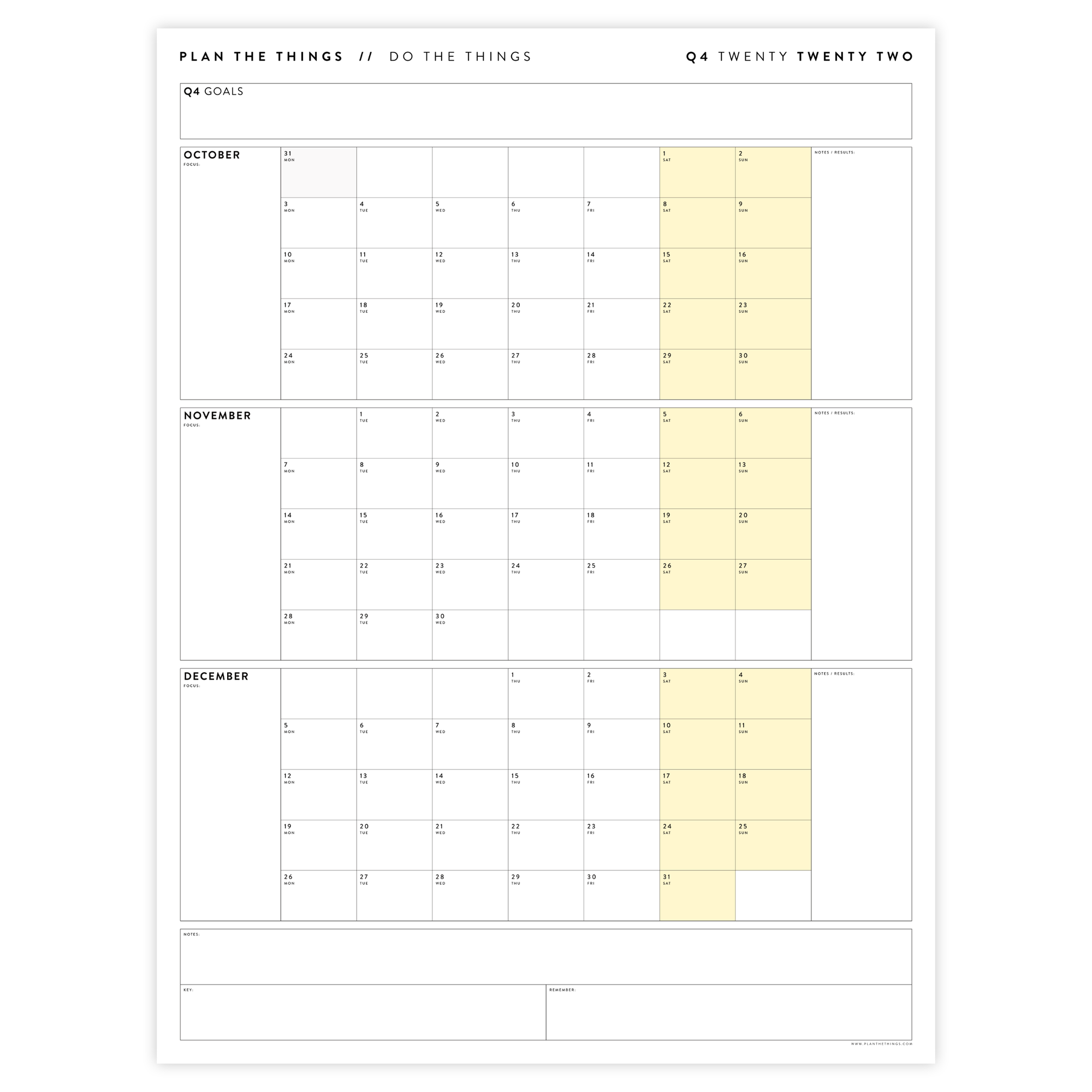 Q4 2022 QUARTERLY GIANT WALL CALENDAR (OCTOBER - DECEMBER 2022) - YELLOW WEEKENDS