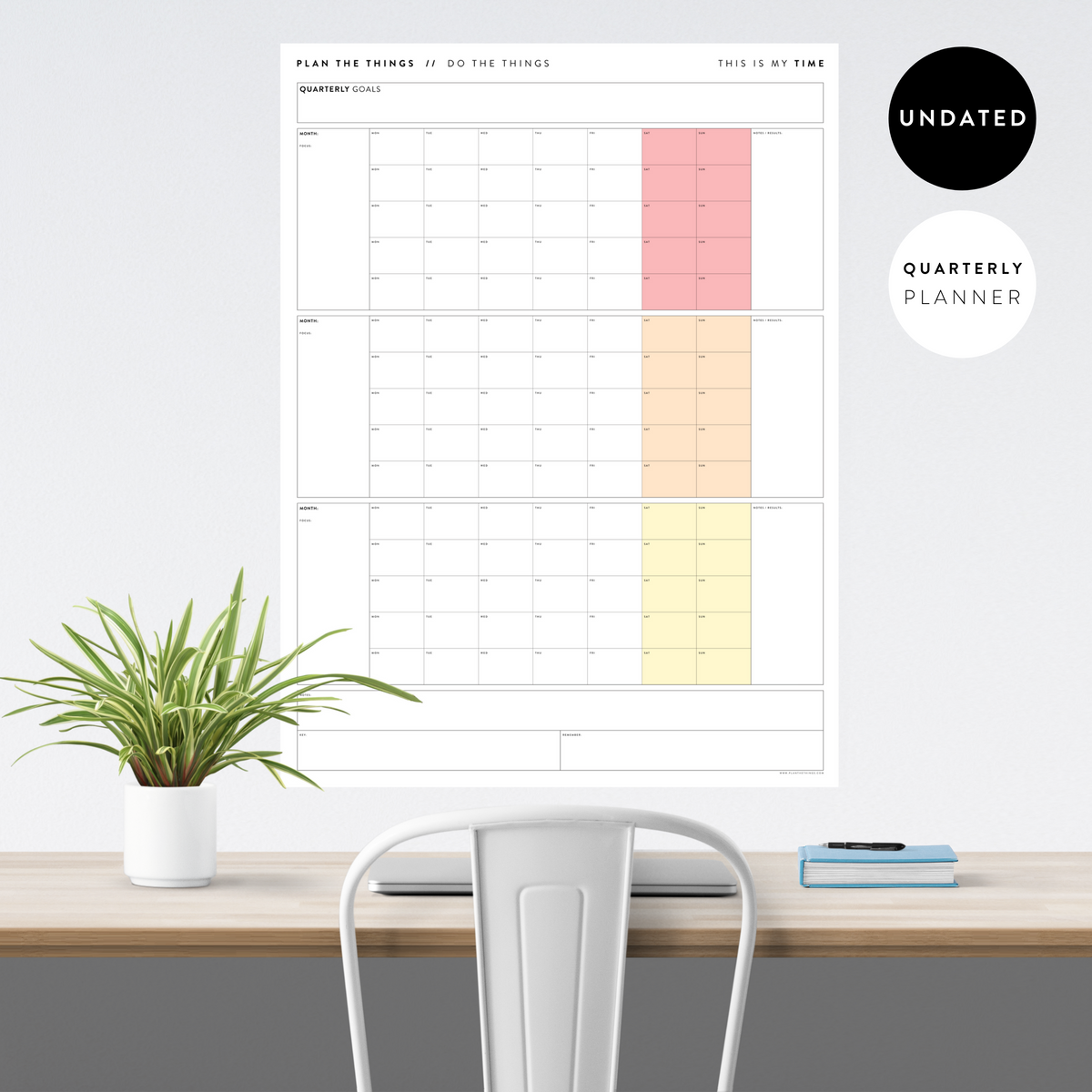 PRINTABLE UNDATED QUARTERLY WALL CALENDAR - MONDAY START - RAINBOW (1) WEEKENDS - INSTANT DOWNLOAD