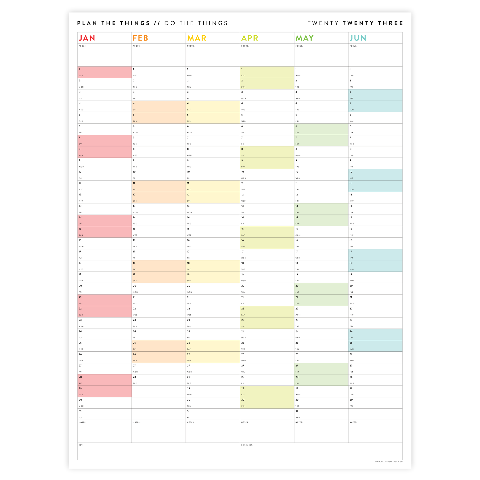 PRINTABLE SIX MONTH 2023 WALL CALENDAR SET WITH RAINBOW WEEKENDS - INSTANT DOWNLOAD
