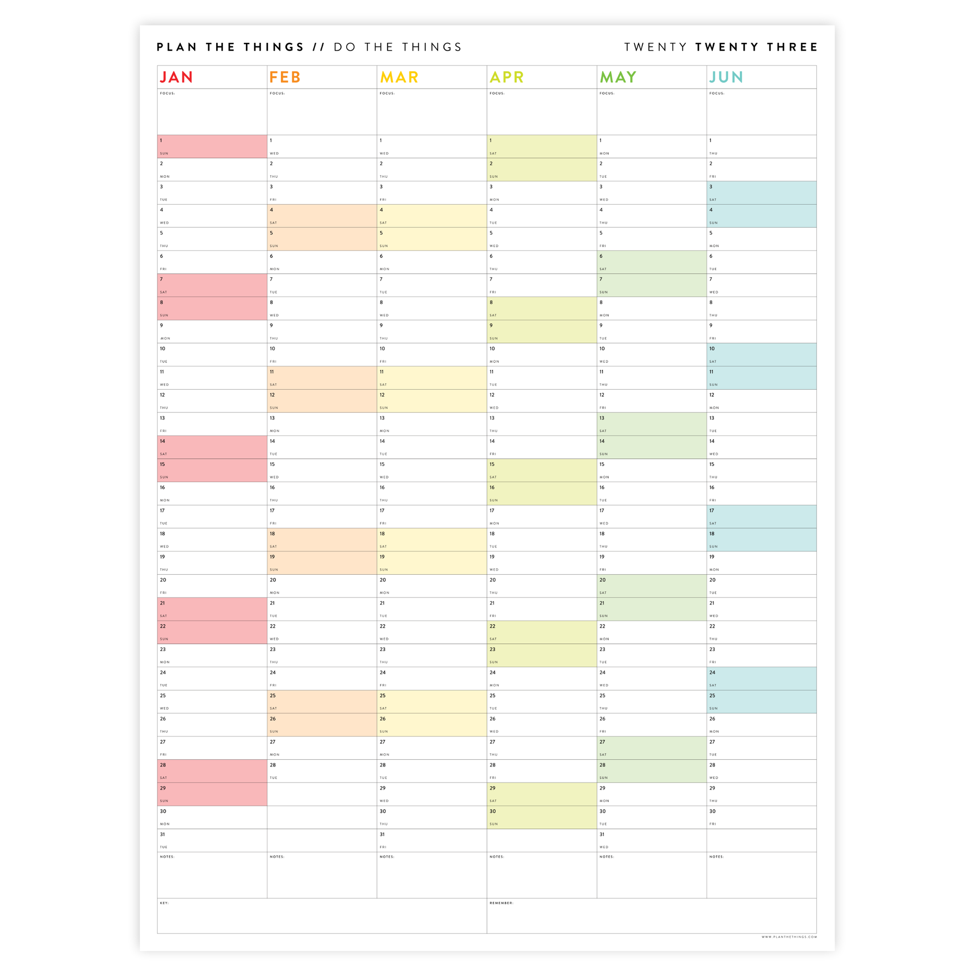 PRINTABLE SIX MONTH 2023 WALL CALENDAR (JANUARY TO JUNE) WITH RAINBOW WEEKENDS - INSTANT DOWNLOAD