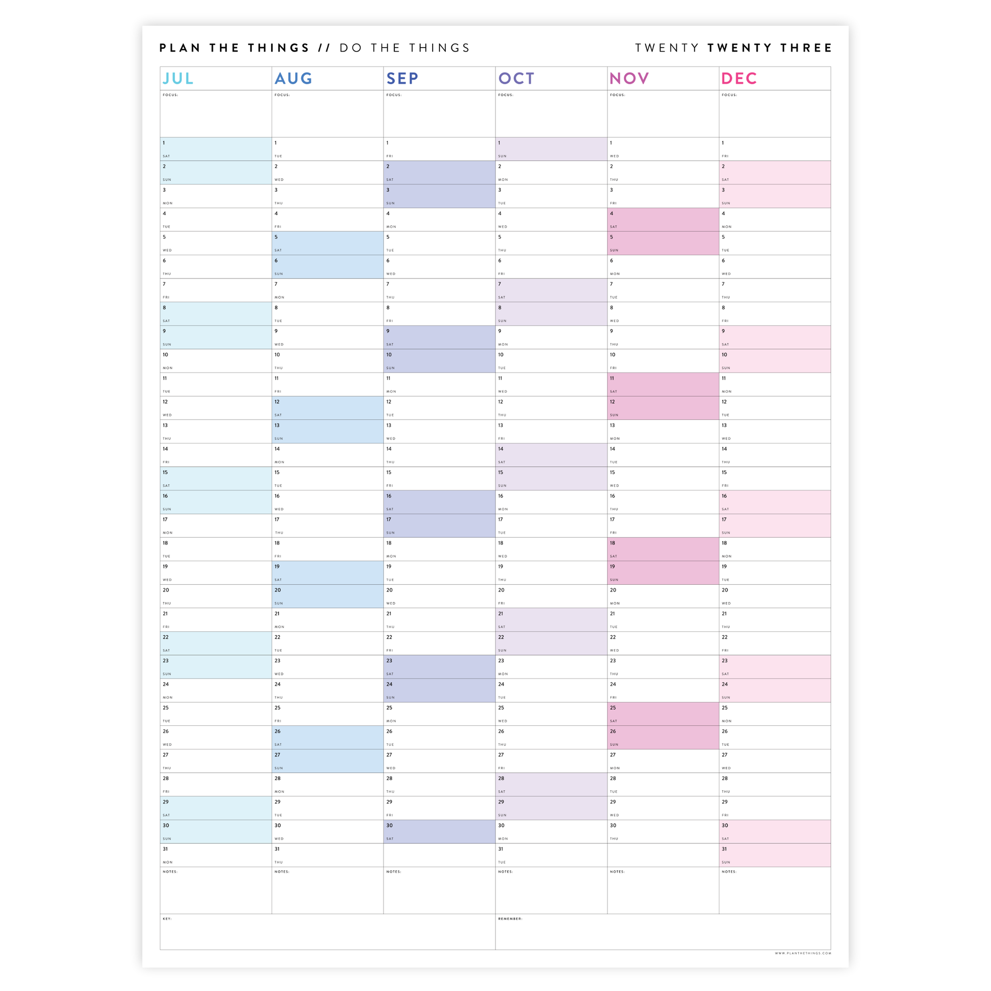 PRINTABLE SIX MONTH 2023 WALL CALENDAR (JULY TO DECEMBER) WITH RAINBOW WEEKENDS - INSTANT DOWNLOAD