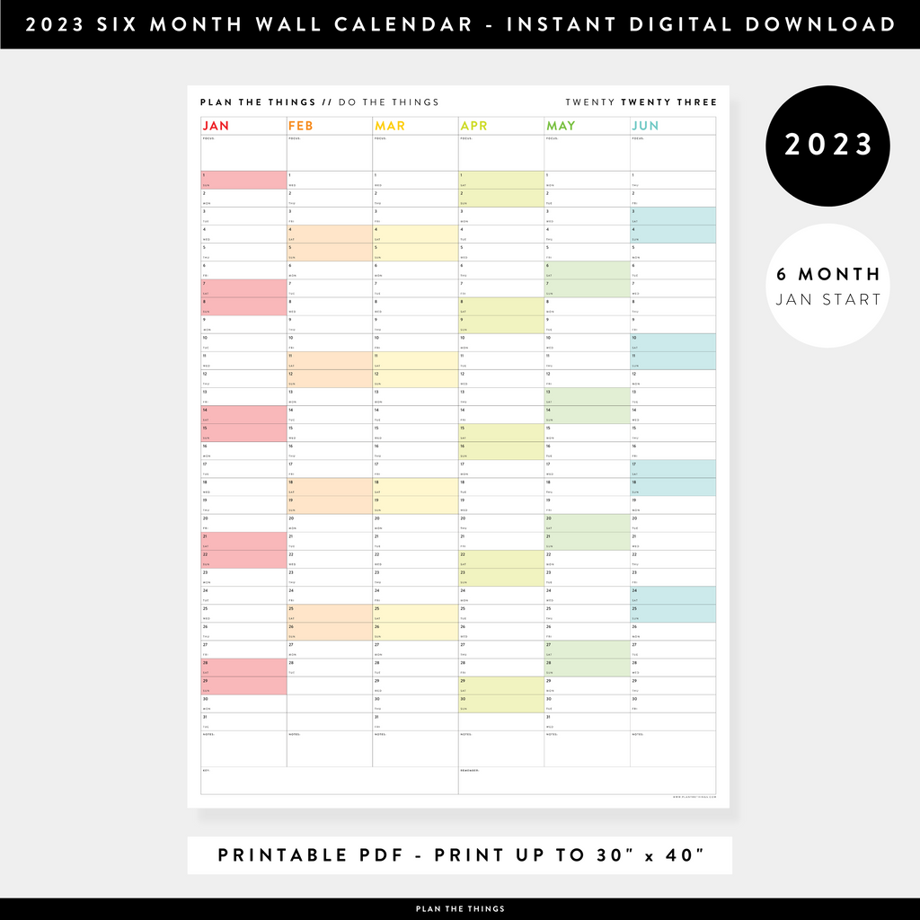 PRINTABLE SIX MONTH 2023 WALL CALENDAR (JANUARY TO JUNE) WITH RAINBOW - Plan The Things PRINTABLE SIX MONTH 2023 WALL CALENDAR (JANUARY TO JUNE) WITH RAINBOW - Plan The Things