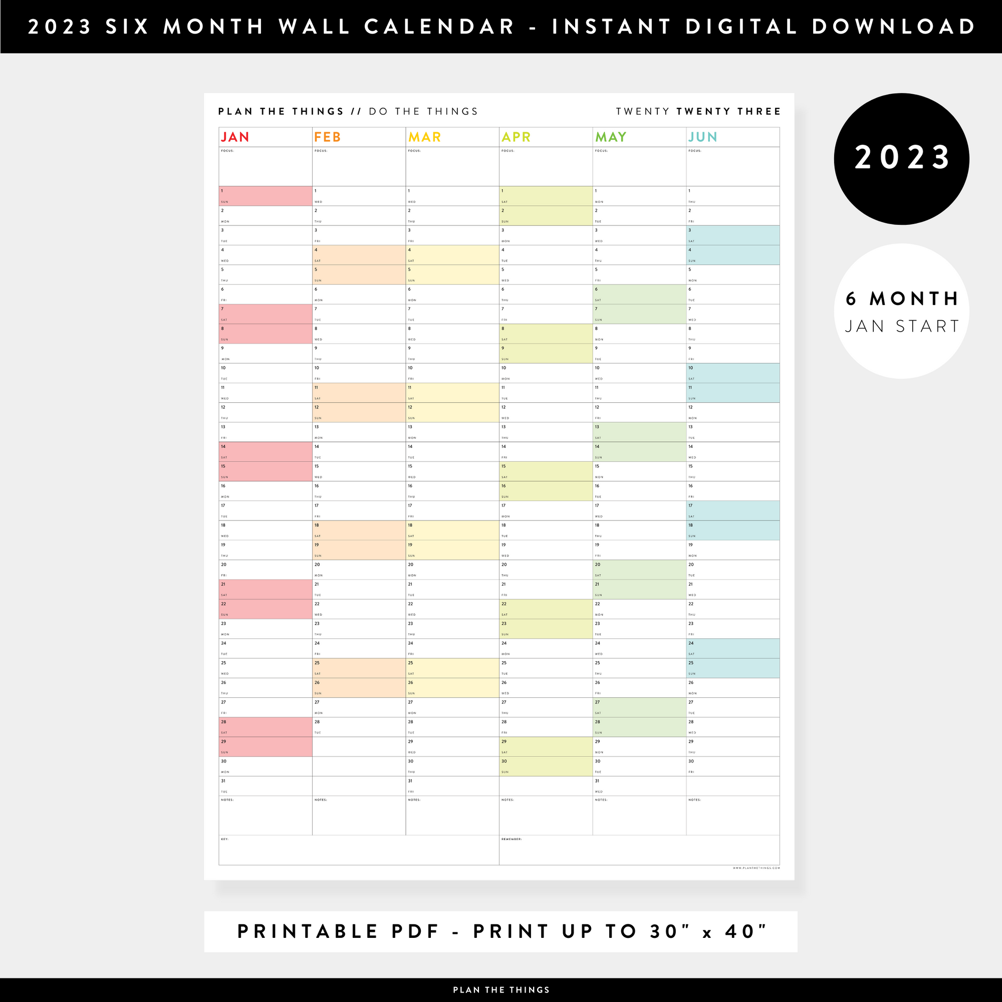 PRINTABLE SIX MONTH 2023 WALL CALENDAR (JANUARY TO JUNE) WITH RAINBOW WEEKENDS - INSTANT DOWNLOAD