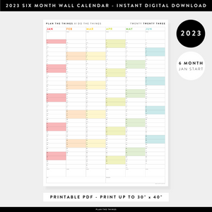 PRINTABLE SIX MONTH 2023 WALL CALENDAR (JANUARY TO JUNE) WITH RAINBOW WEEKENDS - INSTANT DOWNLOAD