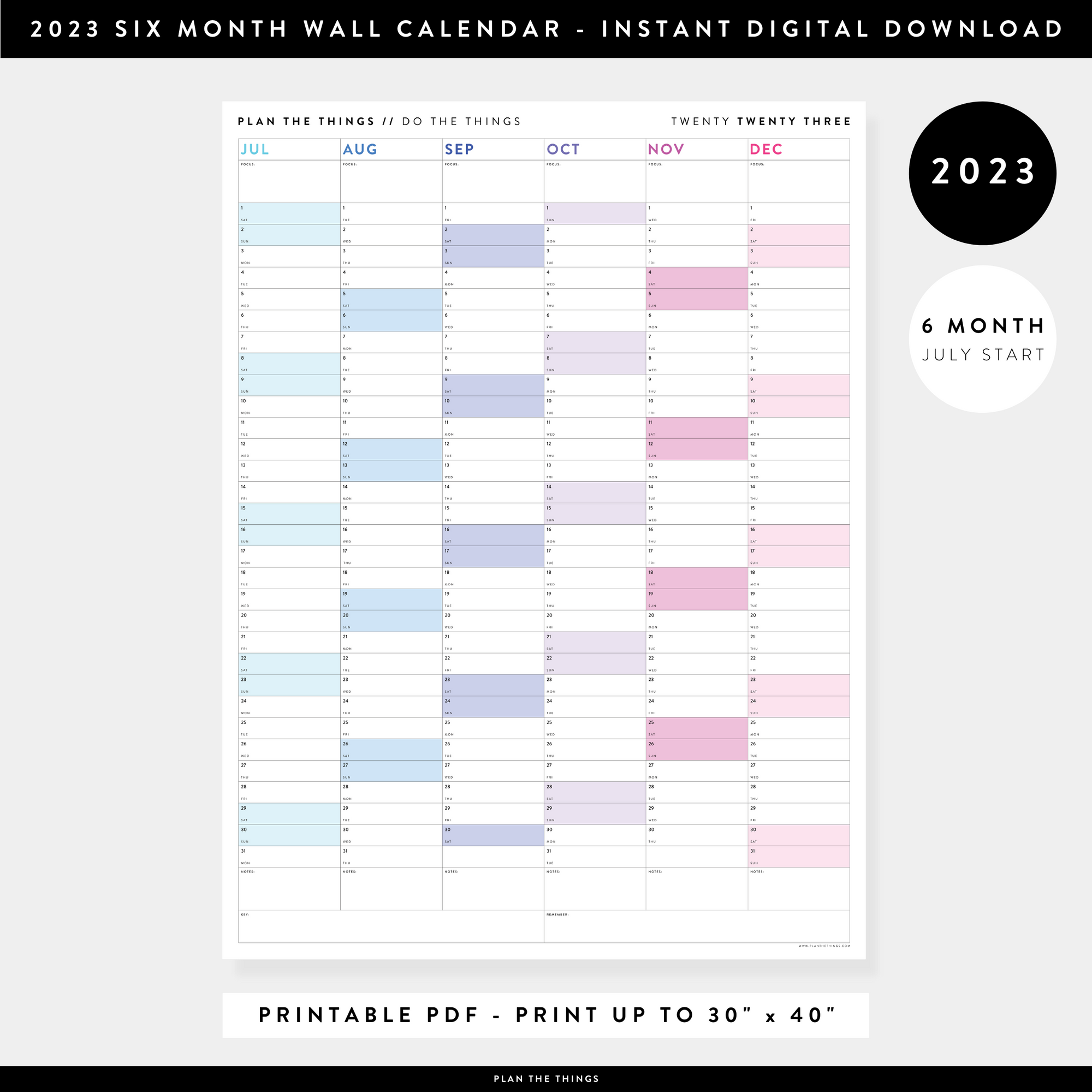 PRINTABLE SIX MONTH 2023 WALL CALENDAR (JULY TO DECEMBER) WITH RAINBOW WEEKENDS - INSTANT DOWNLOAD
