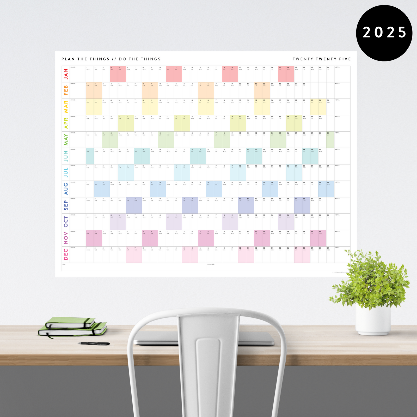 GIANT 2025 ANNUAL WALL CALENDAR | HORIZONTAL WITH RAINBOW WEEKENDS