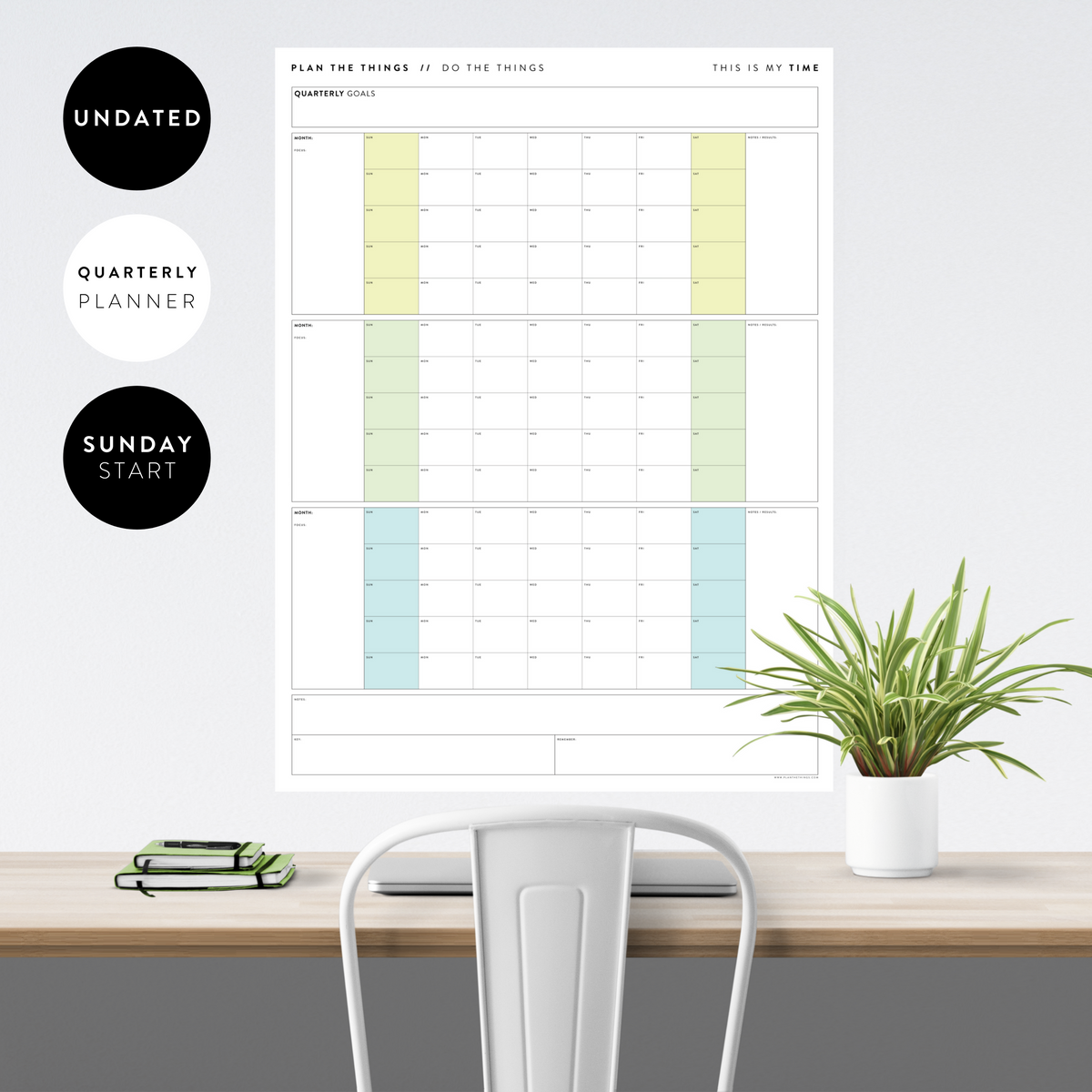 PRINTABLE UNDATED QUARTERLY WALL CALENDAR - SUNDAY START - RAINBOW (2) WEEKENDS - INSTANT DOWNLOAD