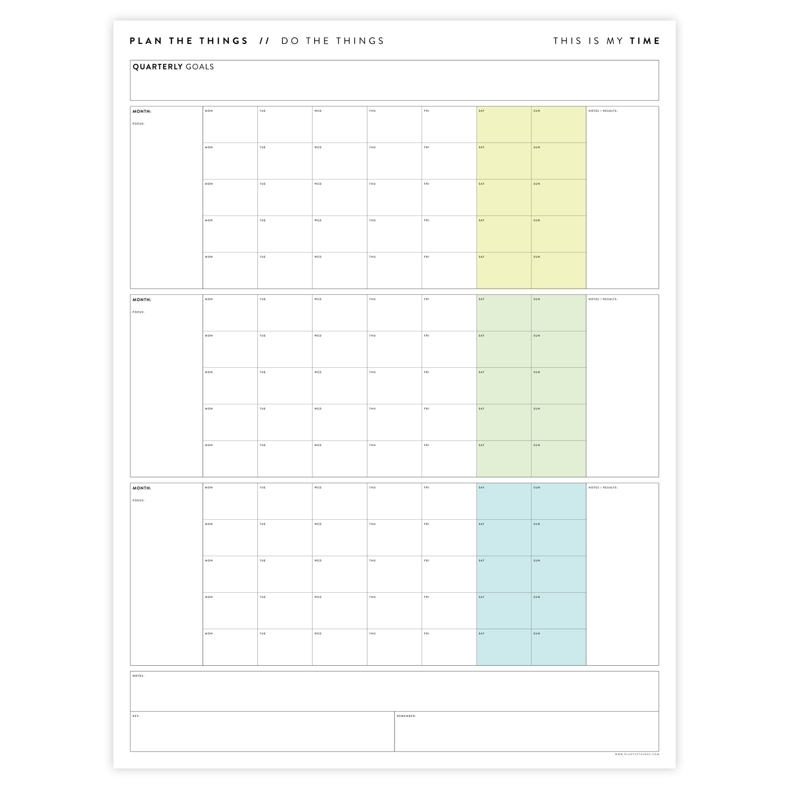 UNDATED QUARTERLY GIANT WALL CALENDAR - MONDAY START - RAINBOW (2) WEEKENDS