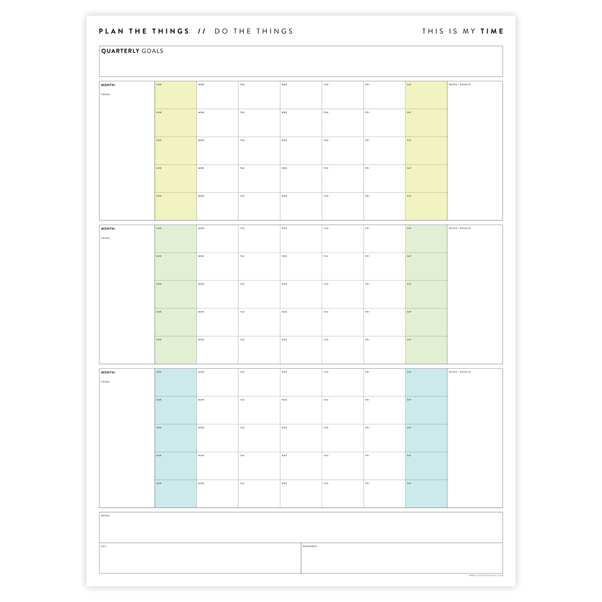 PRINTABLE UNDATED QUARTERLY WALL CALENDAR BUNDLE - SUNDAY START - RAINBOW WEEKENDS - INSTANT DOWNLOAD
