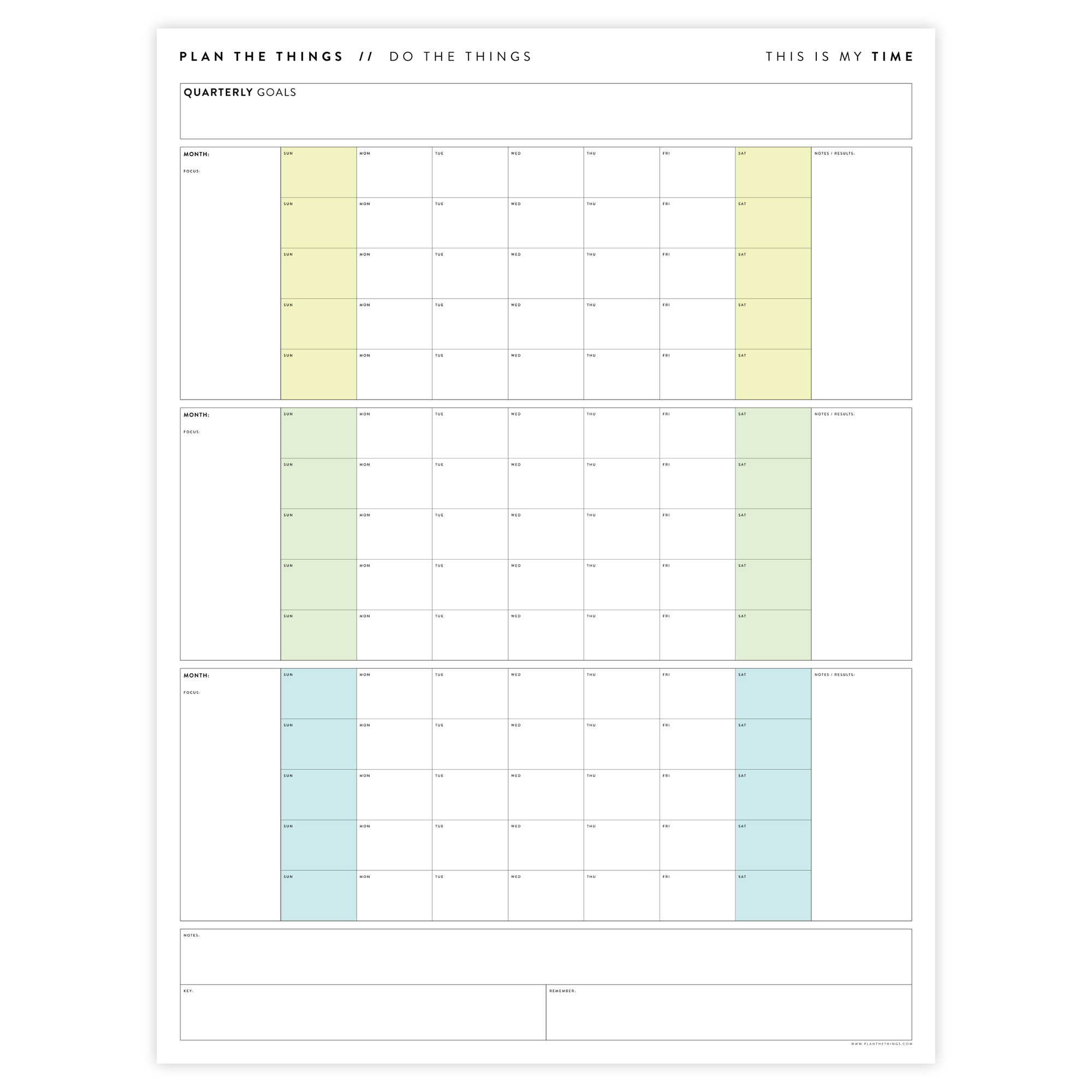 PRINTABLE UNDATED QUARTERLY WALL CALENDAR - SUNDAY START - RAINBOW (2) WEEKENDS - INSTANT DOWNLOAD