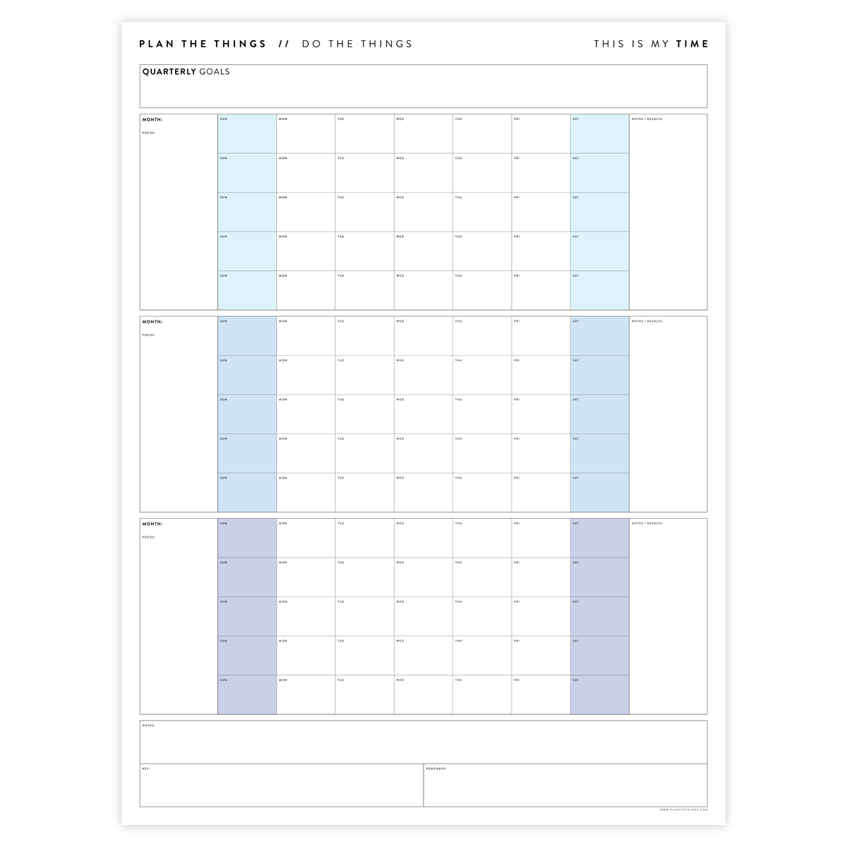 PRINTABLE UNDATED QUARTERLY WALL CALENDAR BUNDLE - SUNDAY START - RAINBOW WEEKENDS - INSTANT DOWNLOAD