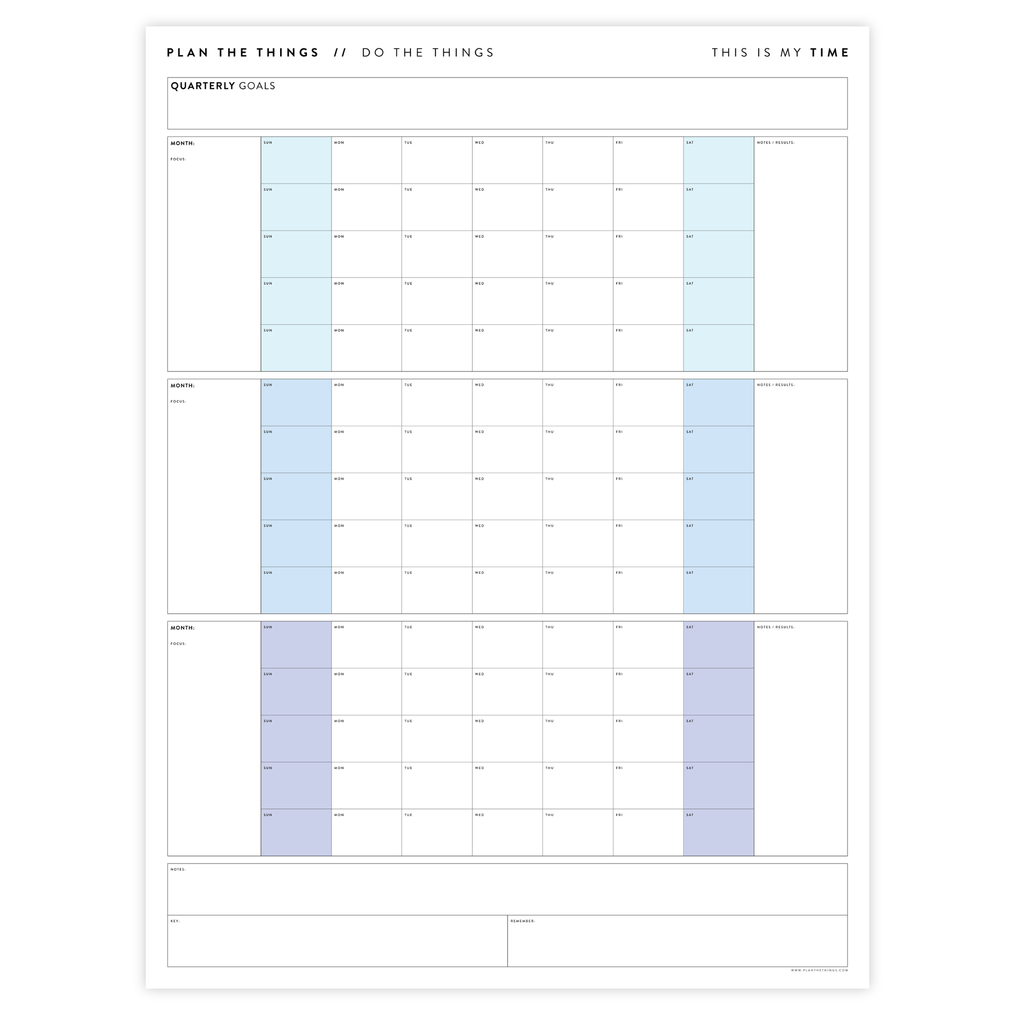 PRINTABLE UNDATED QUARTERLY WALL CALENDAR - SUNDAY START - RAINBOW (3) WEEKENDS - INSTANT DOWNLOAD
