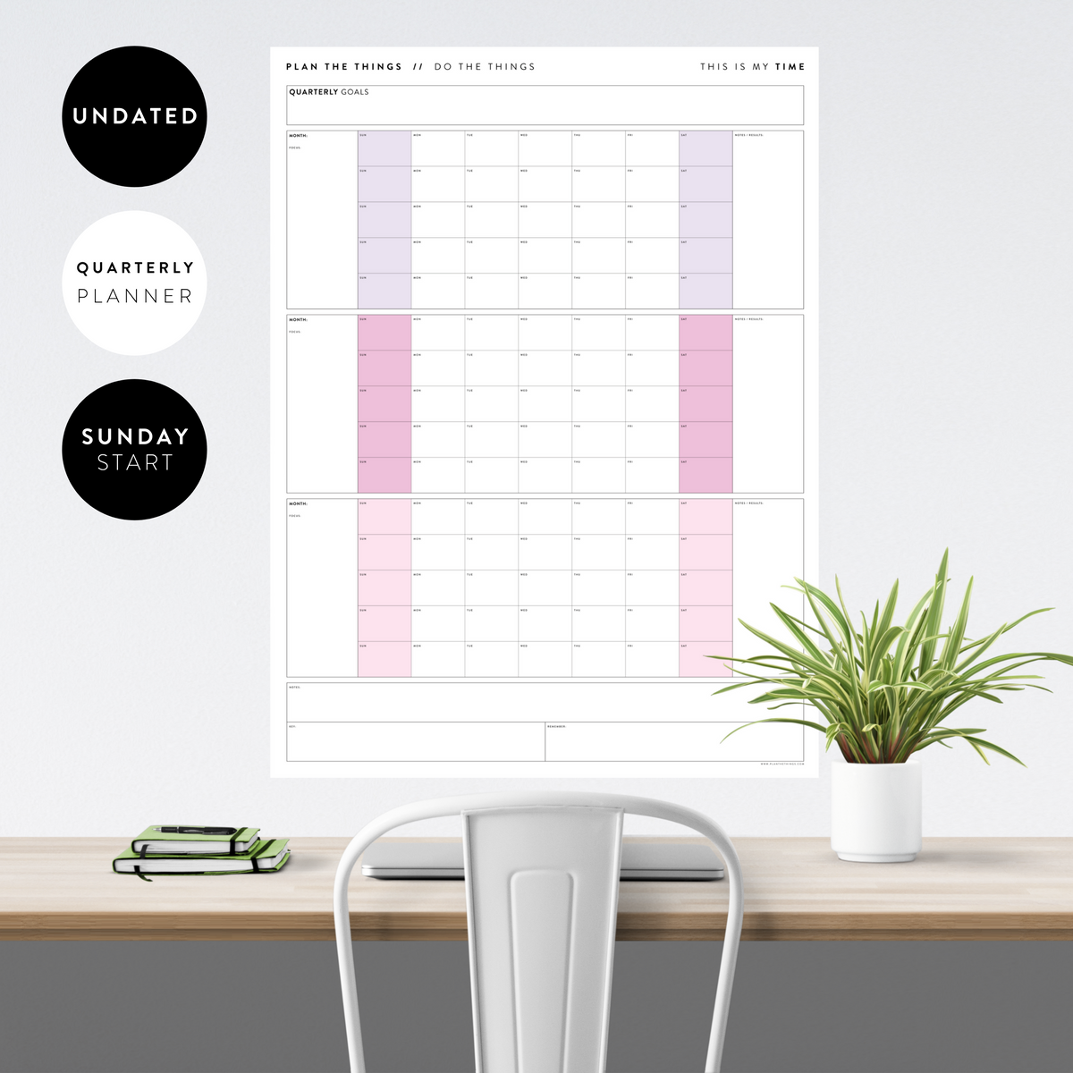 PRINTABLE UNDATED QUARTERLY WALL CALENDAR - SUNDAY START - RAINBOW (4) WEEKENDS - INSTANT DOWNLOAD