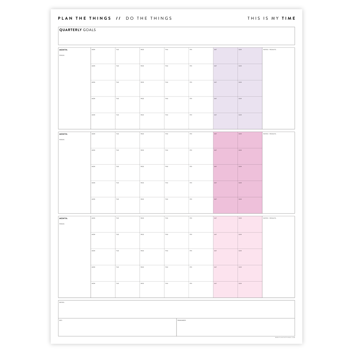 PRINTABLE UNDATED QUARTERLY WALL CALENDAR - MONDAY START - RAINBOW (4) WEEKENDS - INSTANT DOWNLOAD