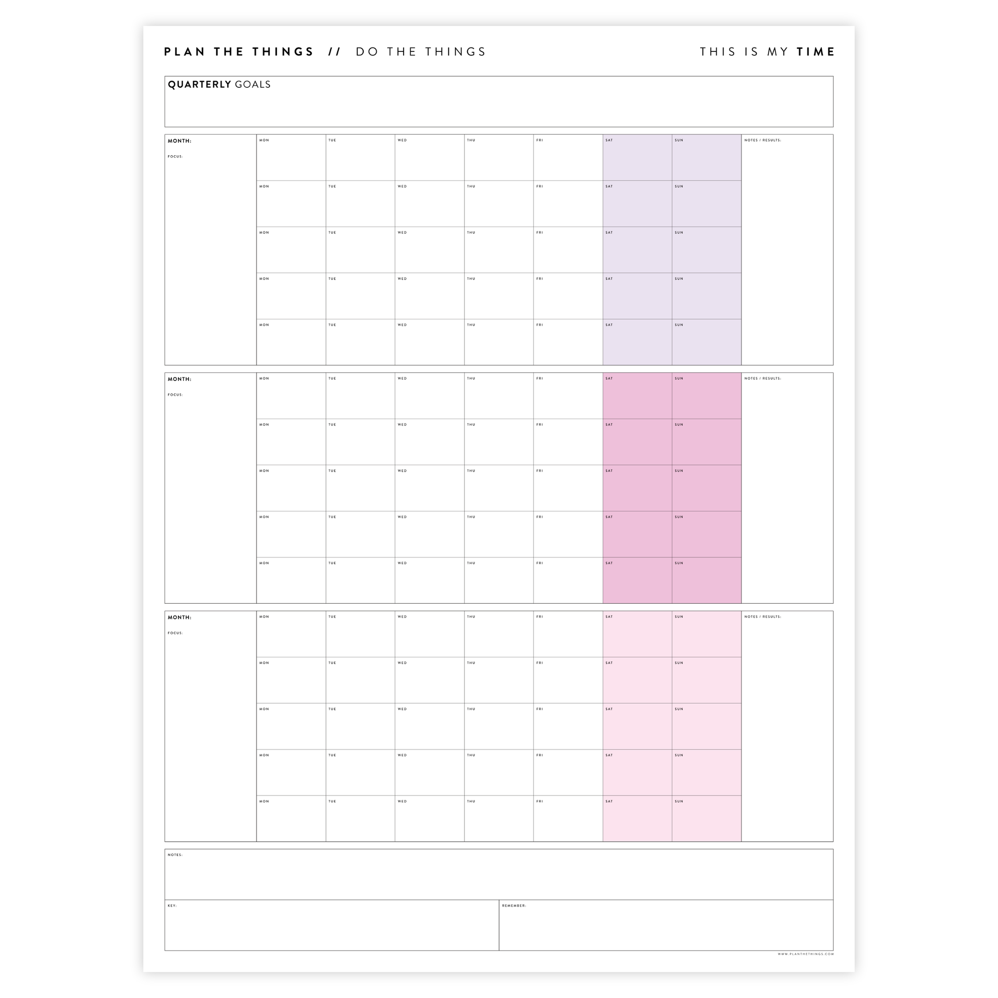 PRINTABLE UNDATED QUARTERLY WALL CALENDAR - MONDAY START - RAINBOW (4) WEEKENDS - INSTANT DOWNLOAD