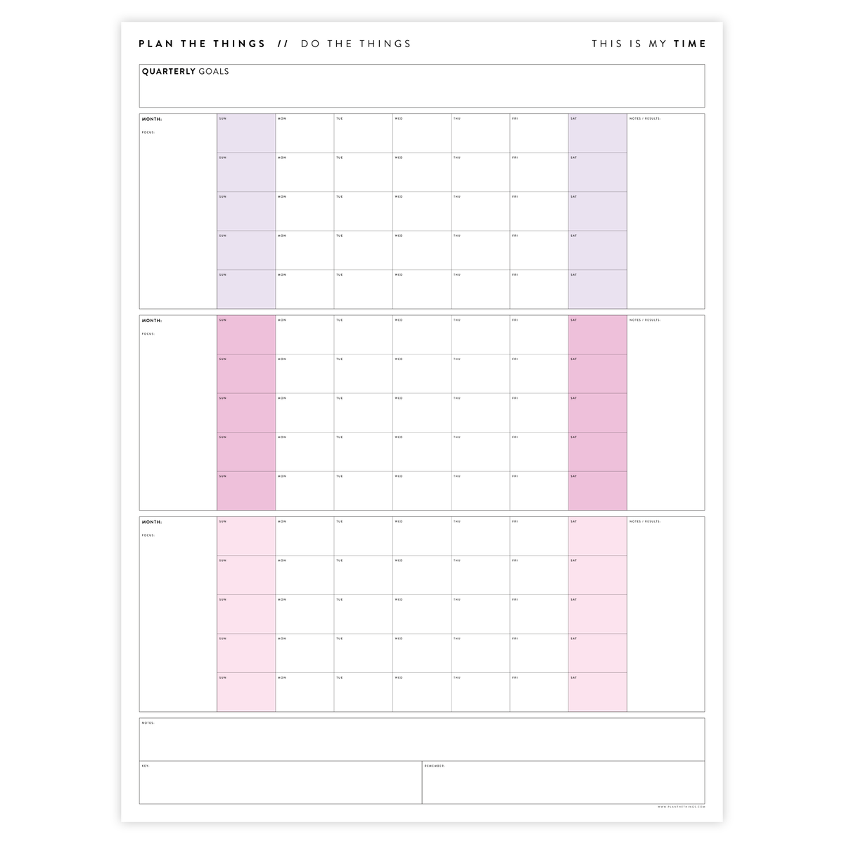 PRINTABLE UNDATED QUARTERLY WALL CALENDAR - SUNDAY START - RAINBOW (4) WEEKENDS - INSTANT DOWNLOAD