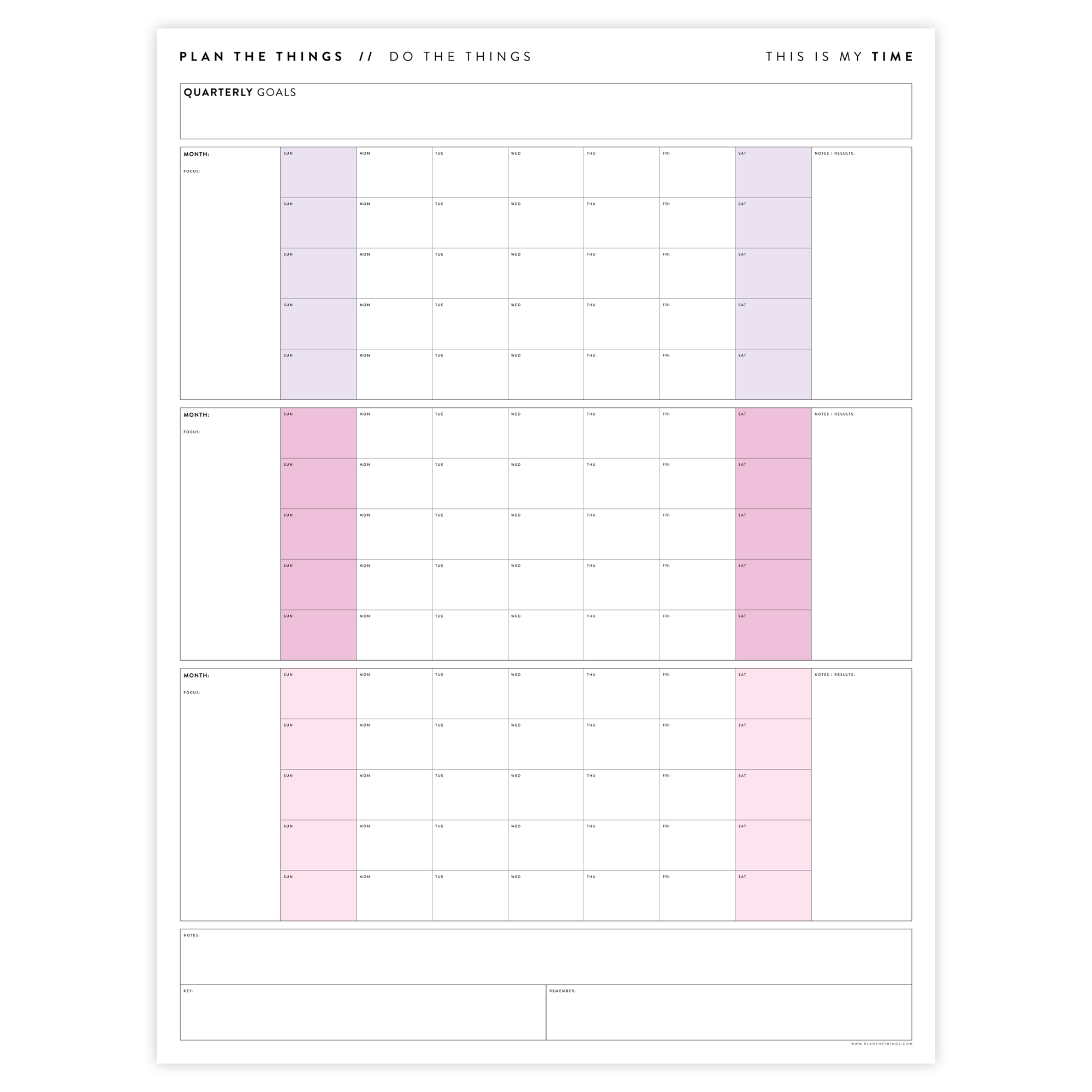 PRINTABLE UNDATED QUARTERLY WALL CALENDAR - SUNDAY START - RAINBOW (4) WEEKENDS - INSTANT DOWNLOAD