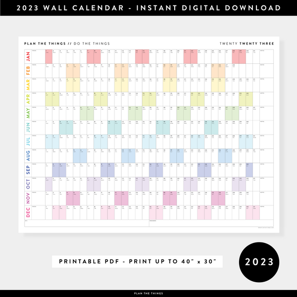 PRINTABLE HORIZONTAL 2023 WALL CALENDAR WITH RAINBOW WEEKENDS - INSTAN -  Plan The Things