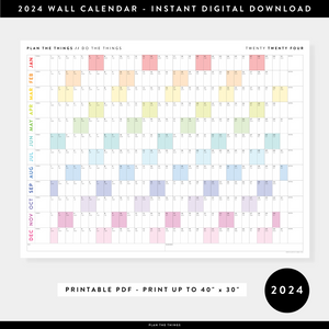 PRINTABLE HORIZONTAL 2024 WALL CALENDAR WITH RAINBOW WEEKENDS - INSTANT DOWNLOAD