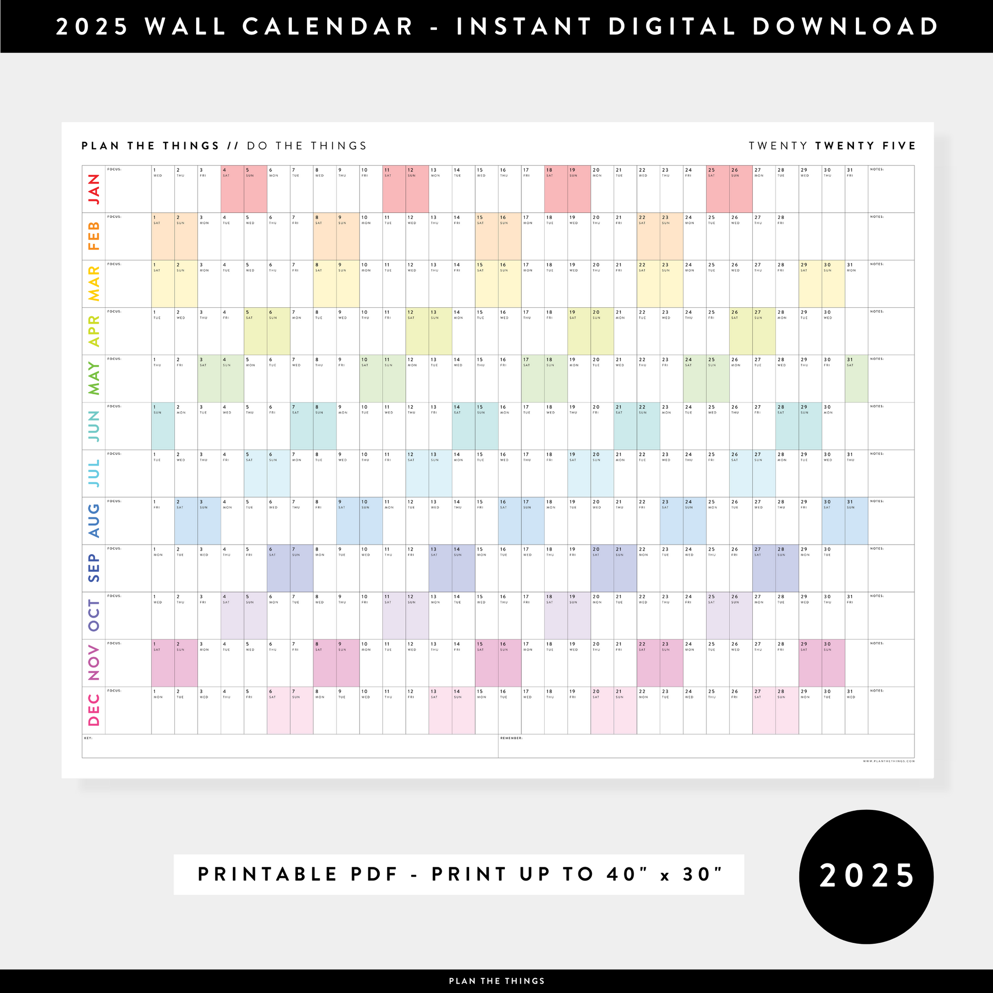 PRINTABLE 2025 HORIZONTAL WALL CALENDAR WITH RAINBOW WEEKENDS - INSTANT DOWNLOAD