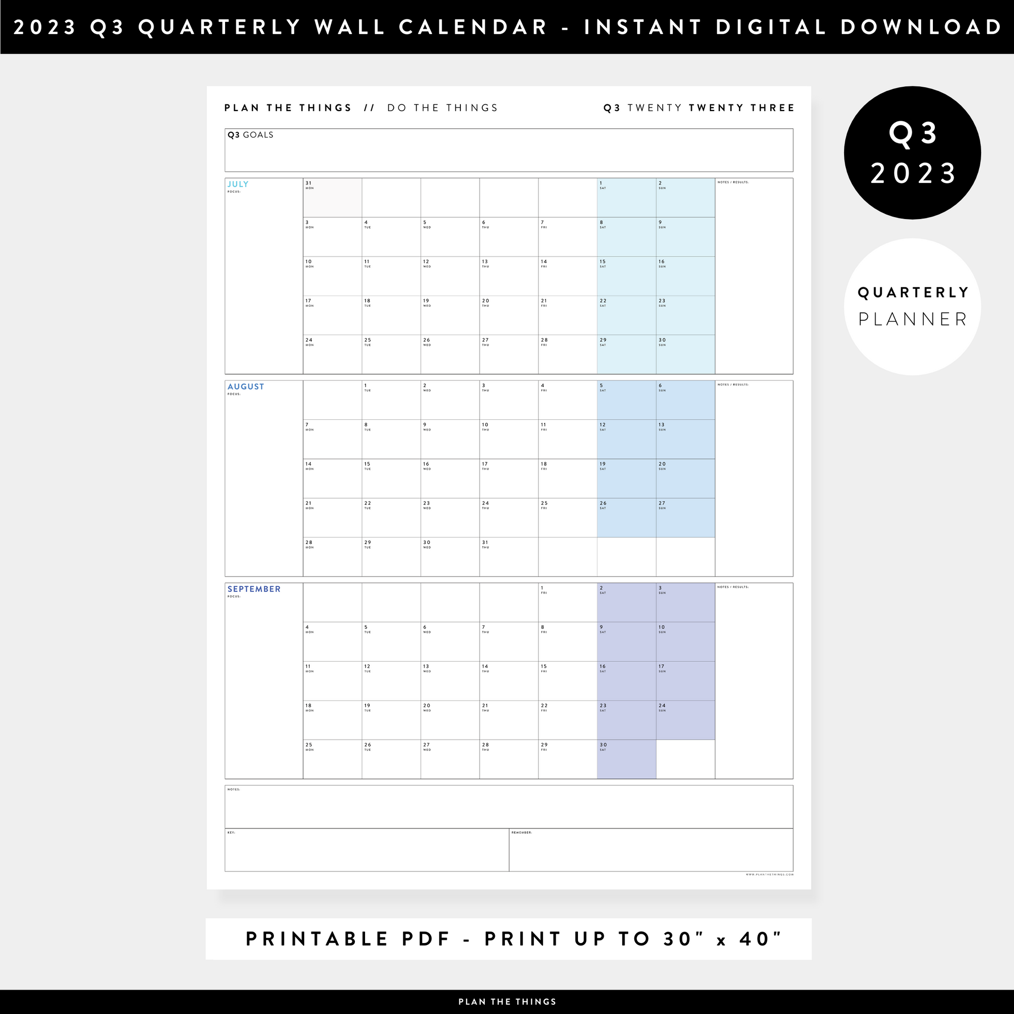 PRINTABLE Q3 (JULY - SEPTEMBER) 2023 QUARTERLY WALL CALENDAR (RAINBOW) - INSTANT PDF DOWNLOAD