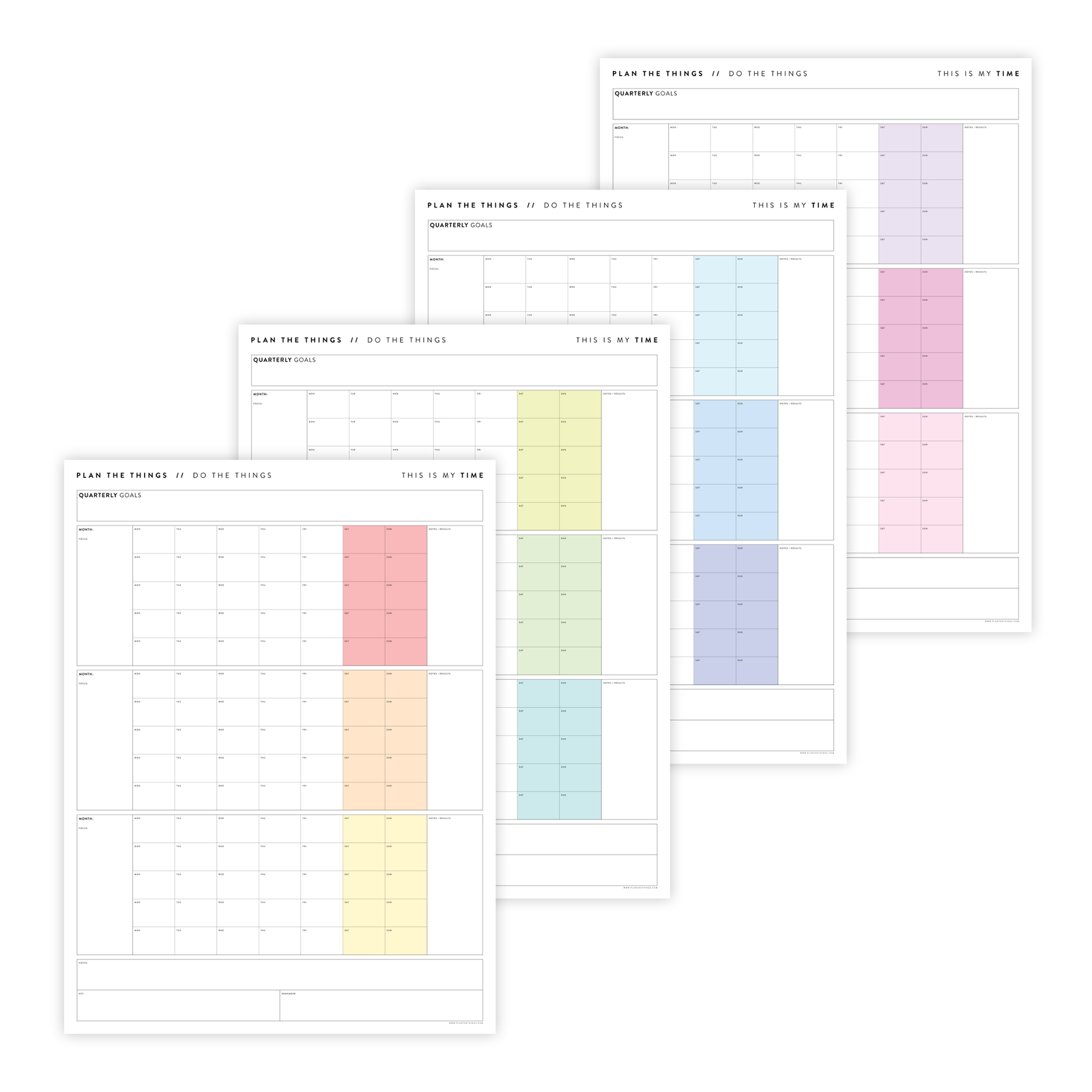 PRINTABLE UNDATED QUARTERLY WALL CALENDAR BUNDLE - MONDAY START - RAINBOW WEEKENDS - INSTANT DOWNLOAD