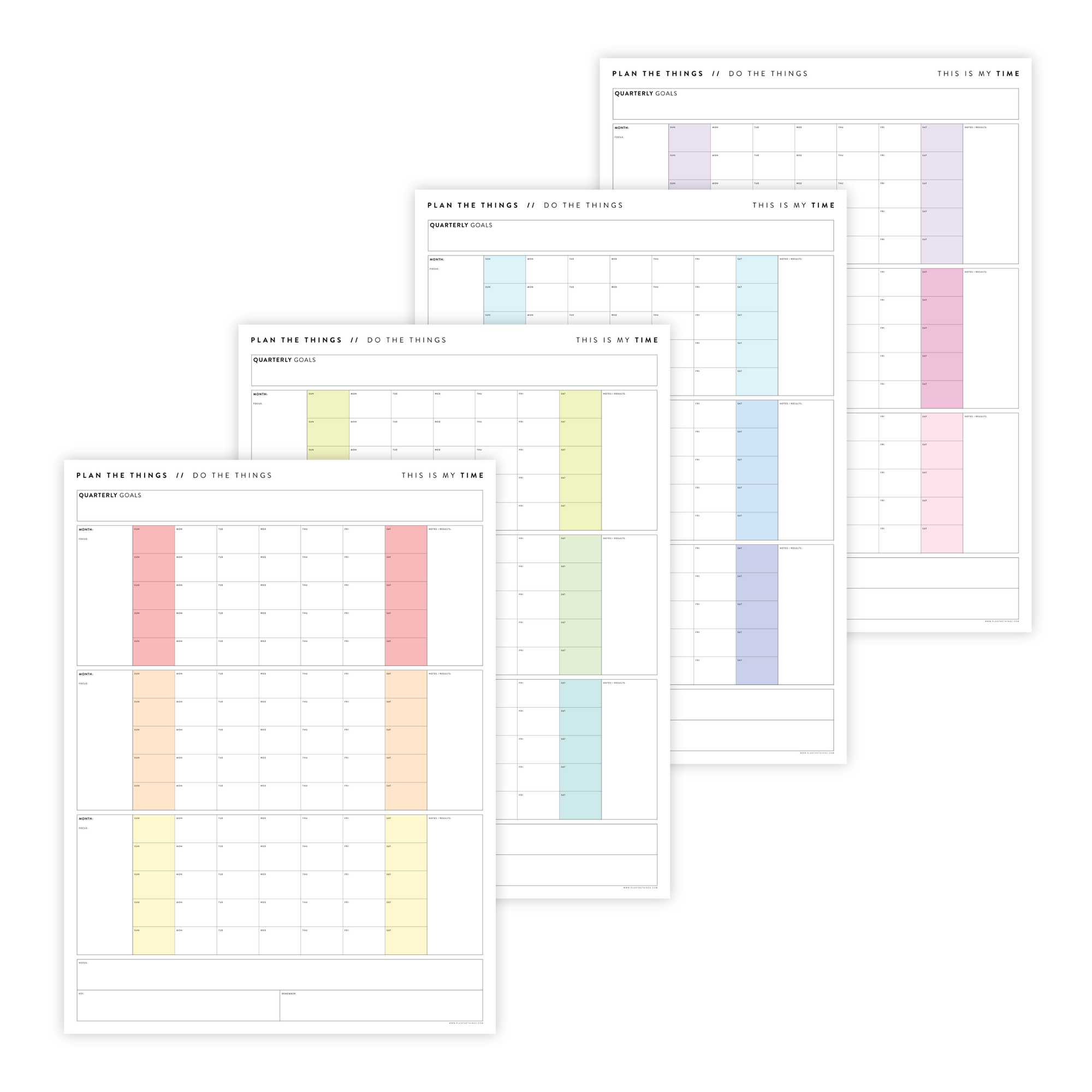 PRINTABLE UNDATED QUARTERLY WALL CALENDAR BUNDLE - SUNDAY START - RAINBOW WEEKENDS - INSTANT DOWNLOAD