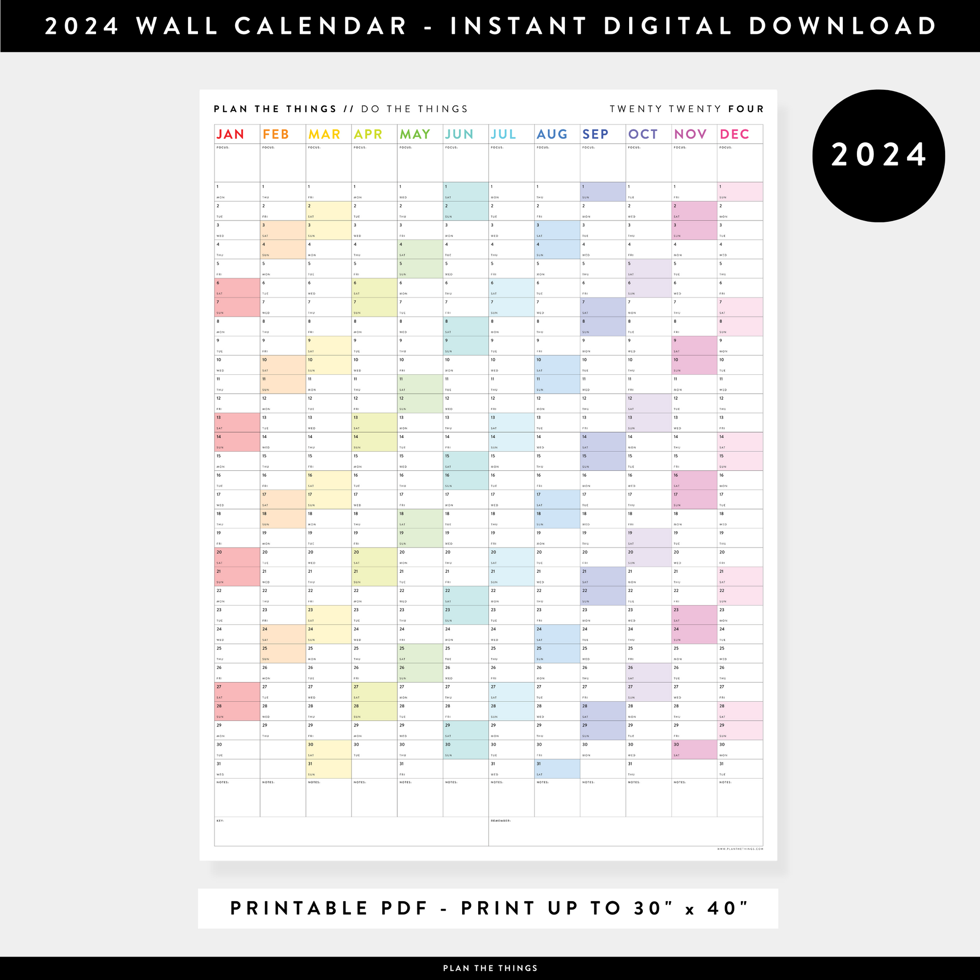 PRINTABLE VERTICAL 2024 WALL CALENDAR WITH RAINBOW WEEKENDS - INSTANT DOWNLOAD