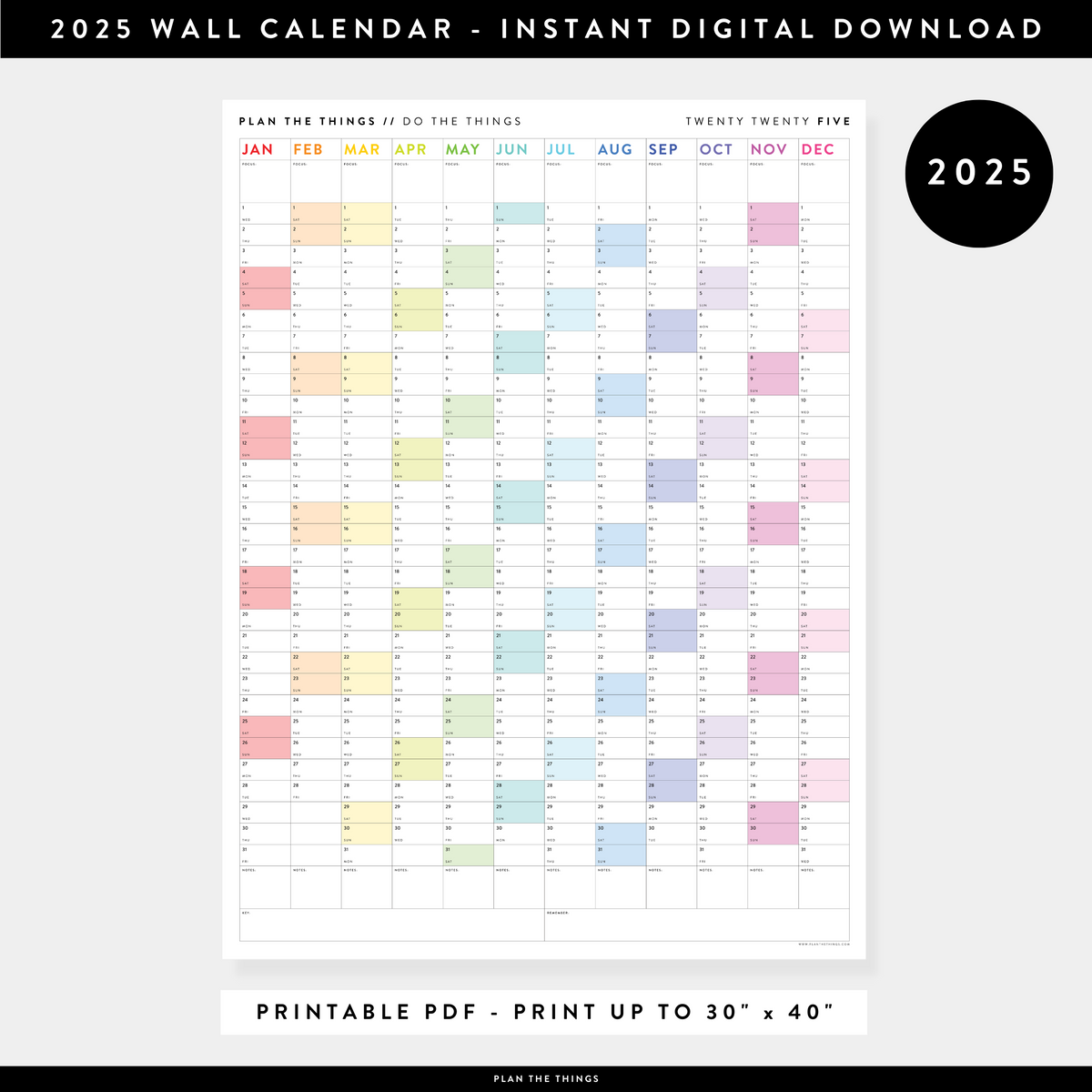 PRINTABLE VERTICAL 2025 WALL CALENDAR WITH RAINBOW WEEKENDS - INSTANT - Plan The Things printable-vertical-2025-wall-calendar-with-rainbow-weekends-instant-plan-the-things