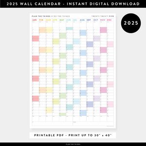 PRINTABLE VERTICAL 2025 WALL CALENDAR WITH RAINBOW WEEKENDS - INSTANT DOWNLOAD