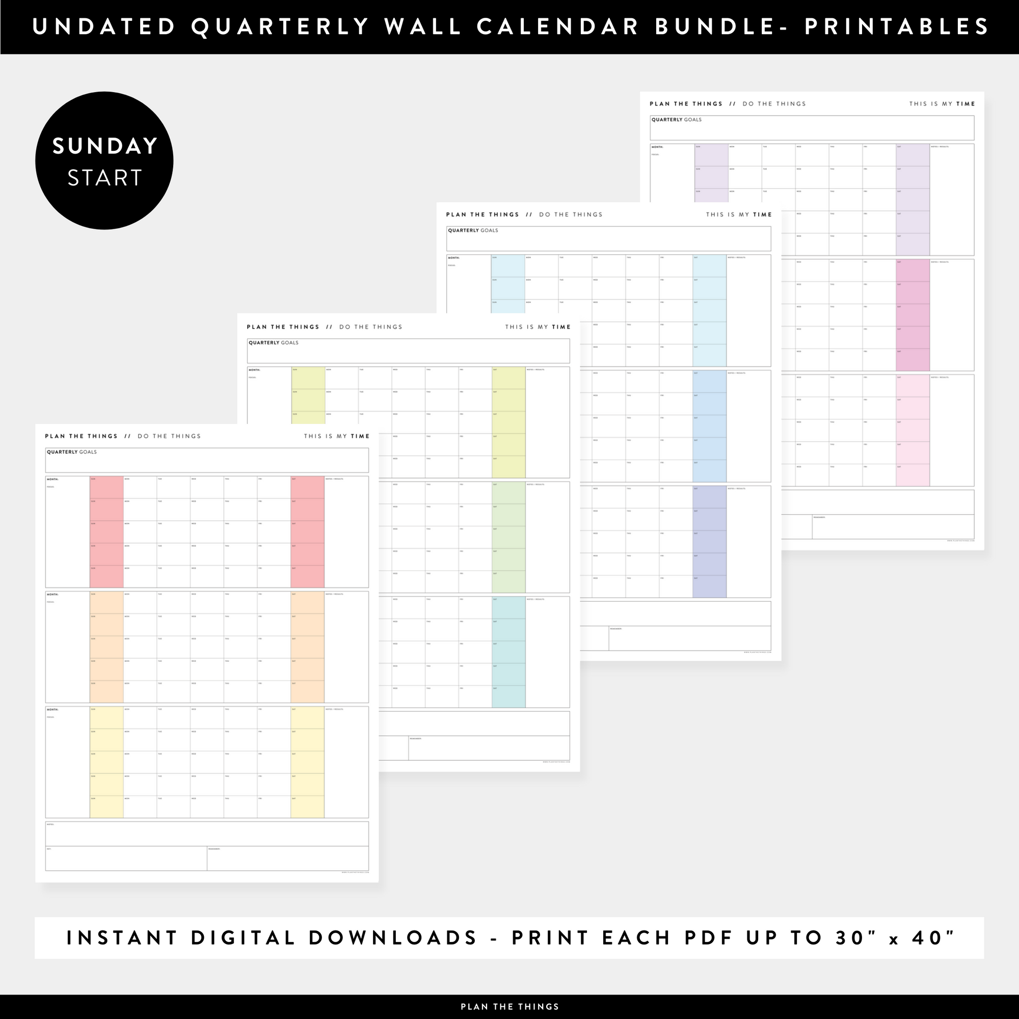 PRINTABLE UNDATED QUARTERLY WALL CALENDAR BUNDLE - SUNDAY START - RAINBOW WEEKENDS - INSTANT DOWNLOAD