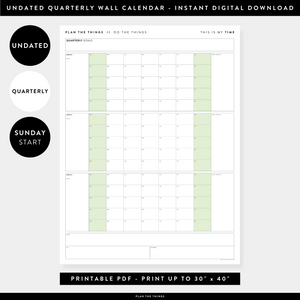 PRINTABLE UNDATED QUARTERLY WALL CALENDAR - SUNDAY START - GREEN WEEKENDS - INSTANT DOWNLOAD