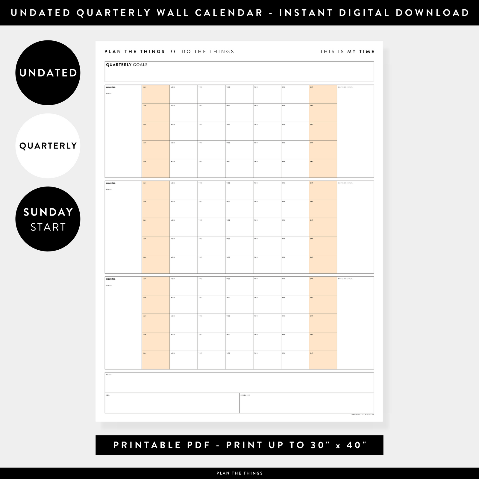 PRINTABLE UNDATED QUARTERLY WALL CALENDAR - SUNDAY START - ORANGE WEEKENDS - INSTANT DOWNLOAD