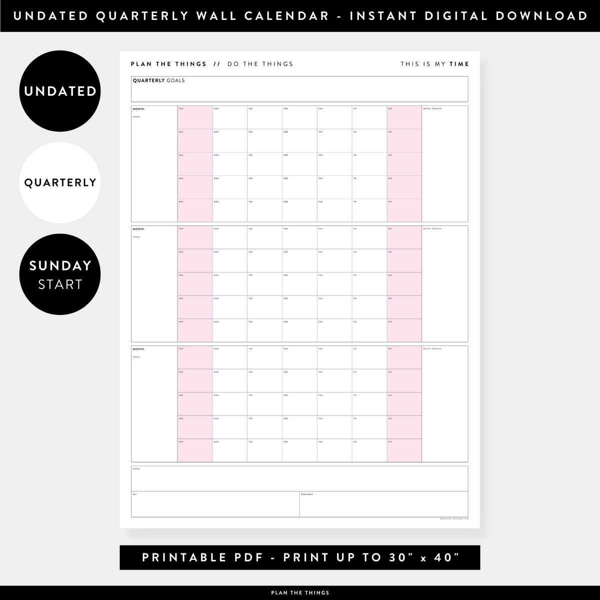 PRINTABLE UNDATED QUARTERLY WALL CALENDAR - SUNDAY START - PINK WEEKENDS - INSTANT DOWNLOAD