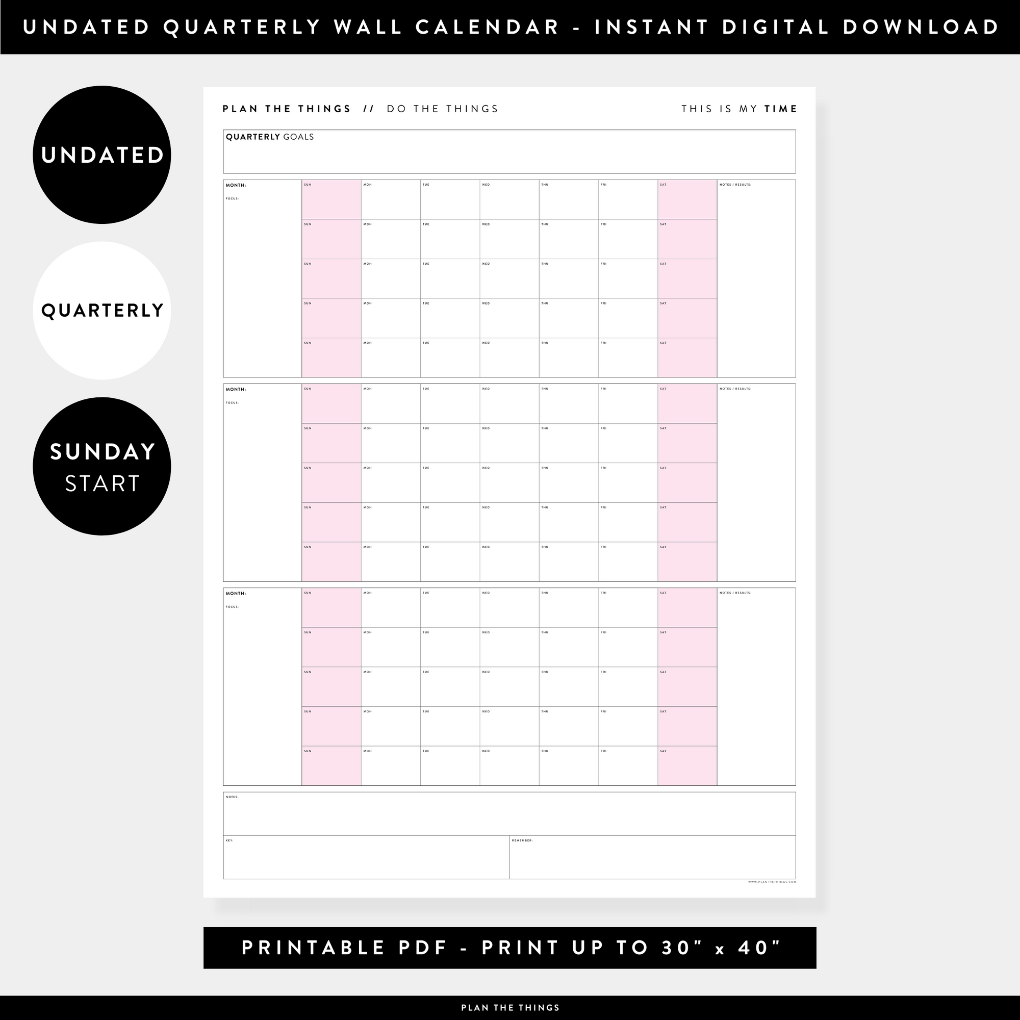 PRINTABLE UNDATED QUARTERLY WALL CALENDAR - SUNDAY START - PINK WEEKENDS - INSTANT DOWNLOAD