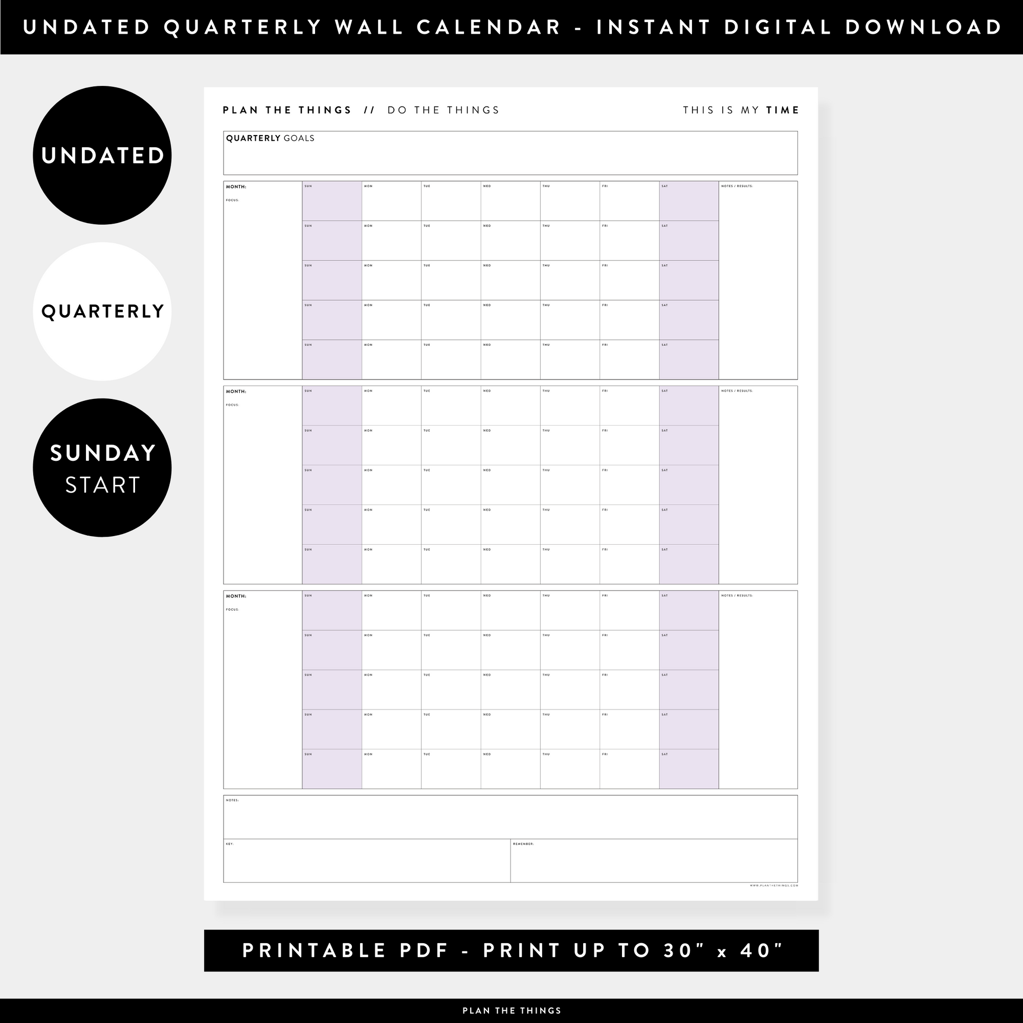 PRINTABLE UNDATED QUARTERLY WALL CALENDAR - SUNDAY START - PURPLE WEEKENDS - INSTANT DOWNLOAD