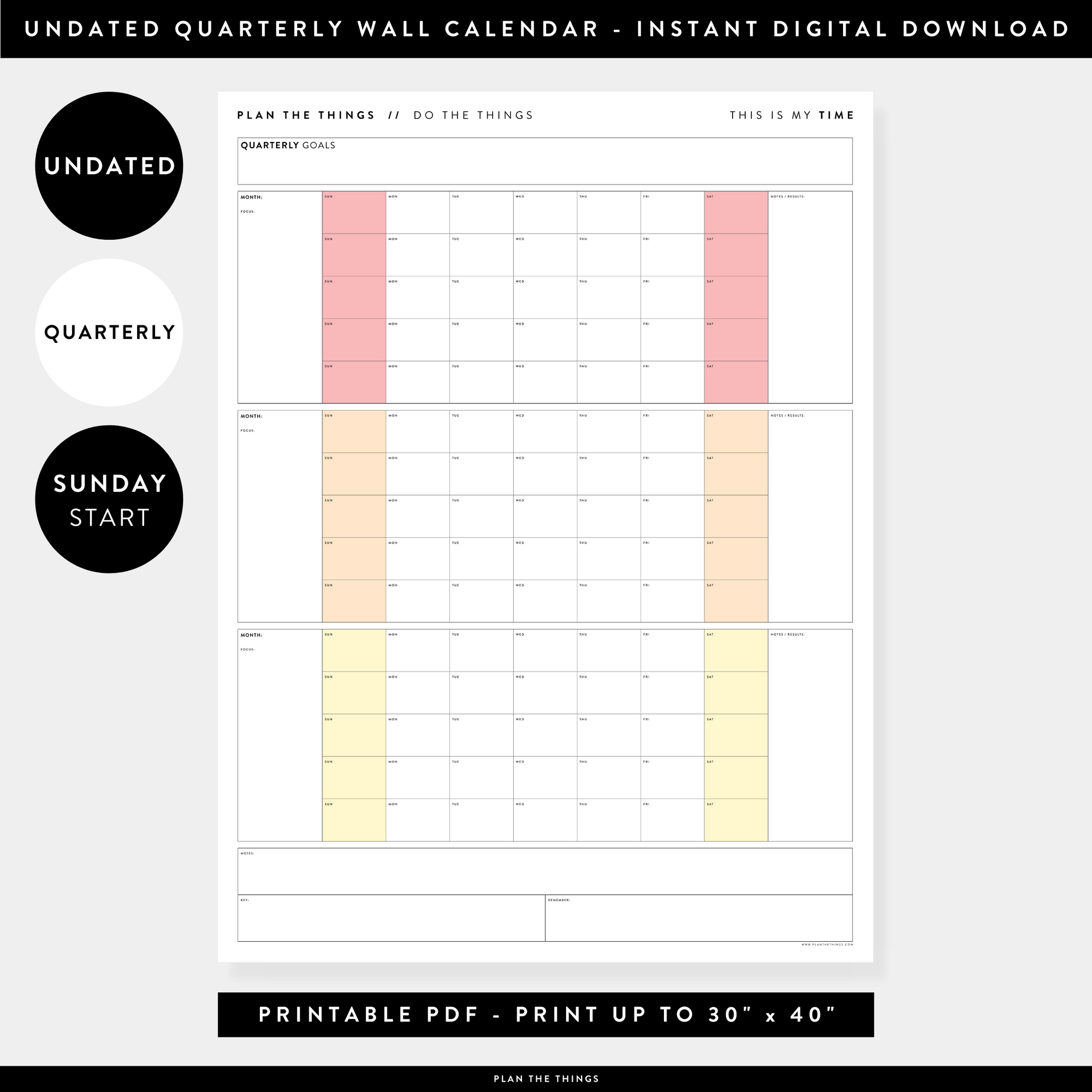 PRINTABLE UNDATED QUARTERLY WALL CALENDAR - SUNDAY START - RAINBOW (1) WEEKENDS - INSTANT DOWNLOAD