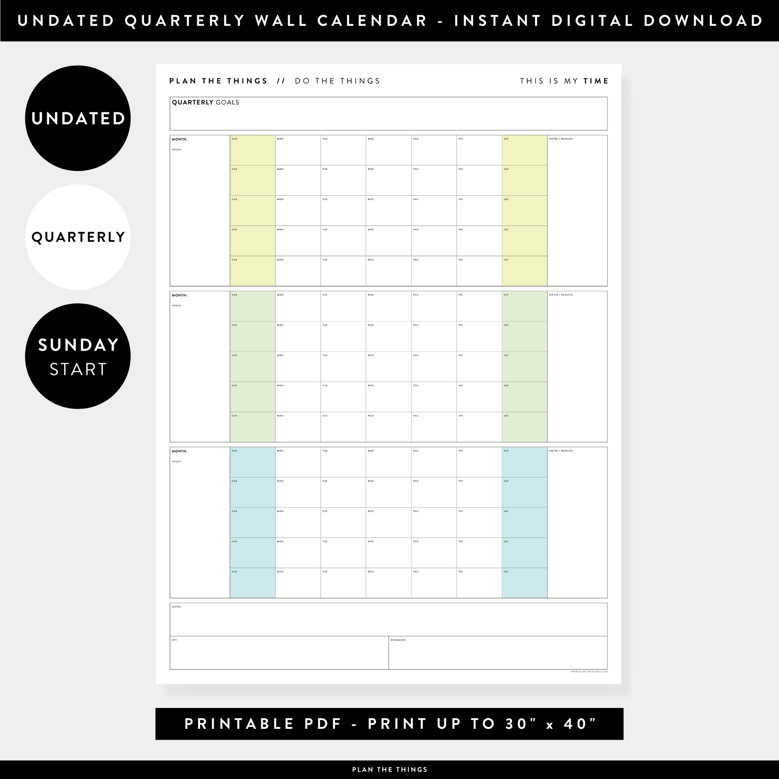 PRINTABLE UNDATED QUARTERLY WALL CALENDAR - SUNDAY START - RAINBOW (2) WEEKENDS - INSTANT DOWNLOAD