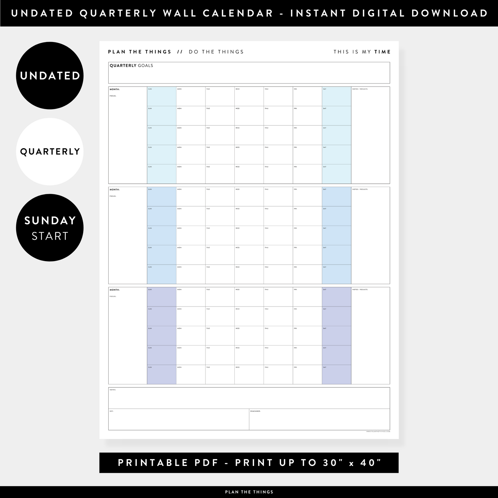 PRINTABLE UNDATED QUARTERLY WALL CALENDAR - SUNDAY START - RAINBOW (3) WEEKENDS - INSTANT DOWNLOAD