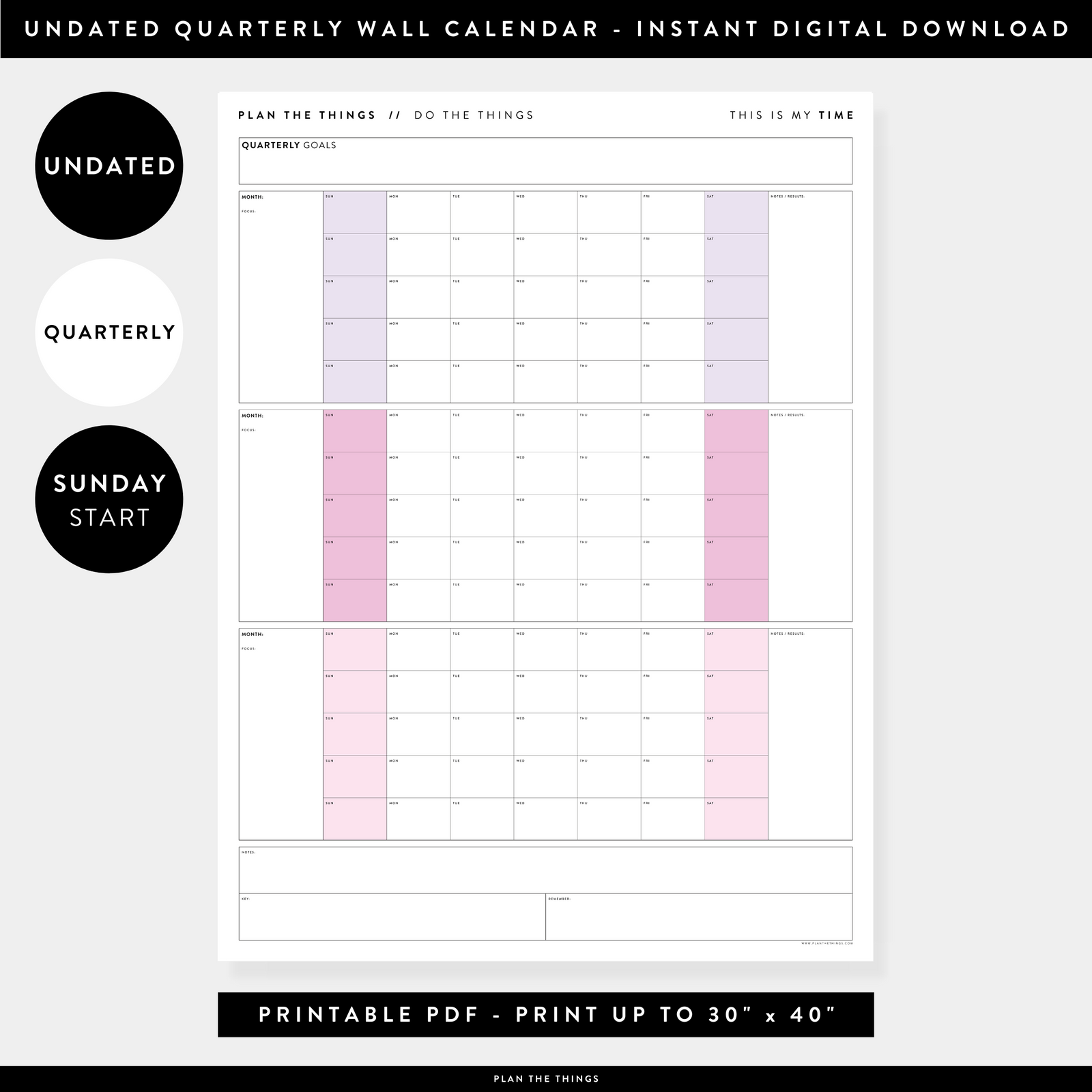 PRINTABLE UNDATED QUARTERLY WALL CALENDAR - SUNDAY START - RAINBOW (4) WEEKENDS - INSTANT DOWNLOAD