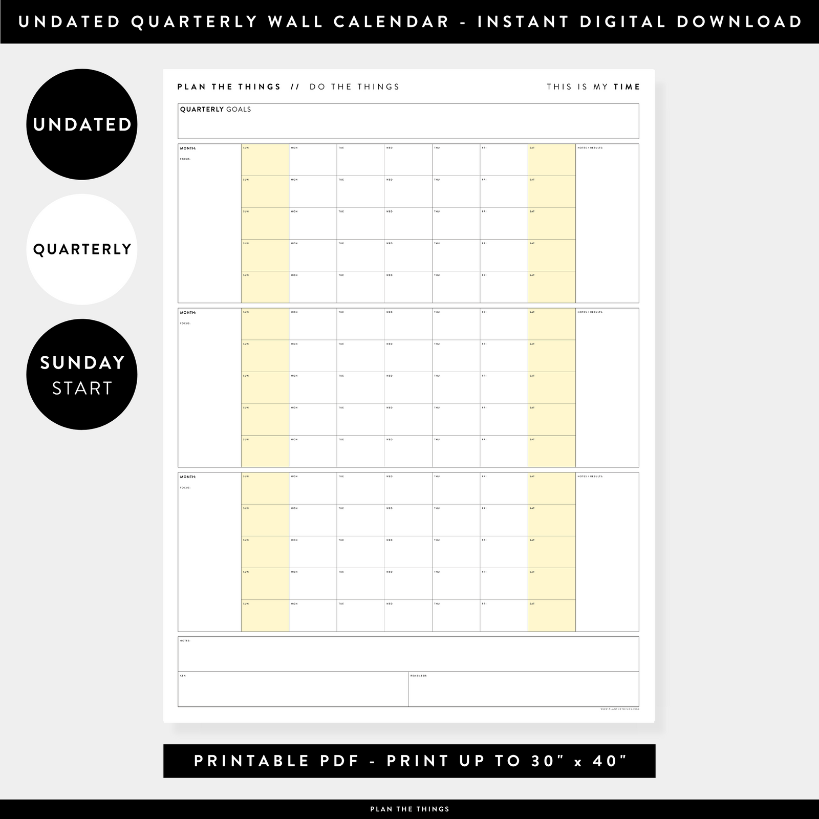 PRINTABLE UNDATED QUARTERLY WALL CALENDAR - SUNDAY START - YELLOW WEEKENDS - INSTANT DOWNLOAD
