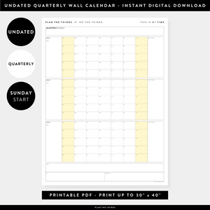 PRINTABLE UNDATED QUARTERLY WALL CALENDAR - SUNDAY START - YELLOW WEEKENDS - INSTANT DOWNLOAD