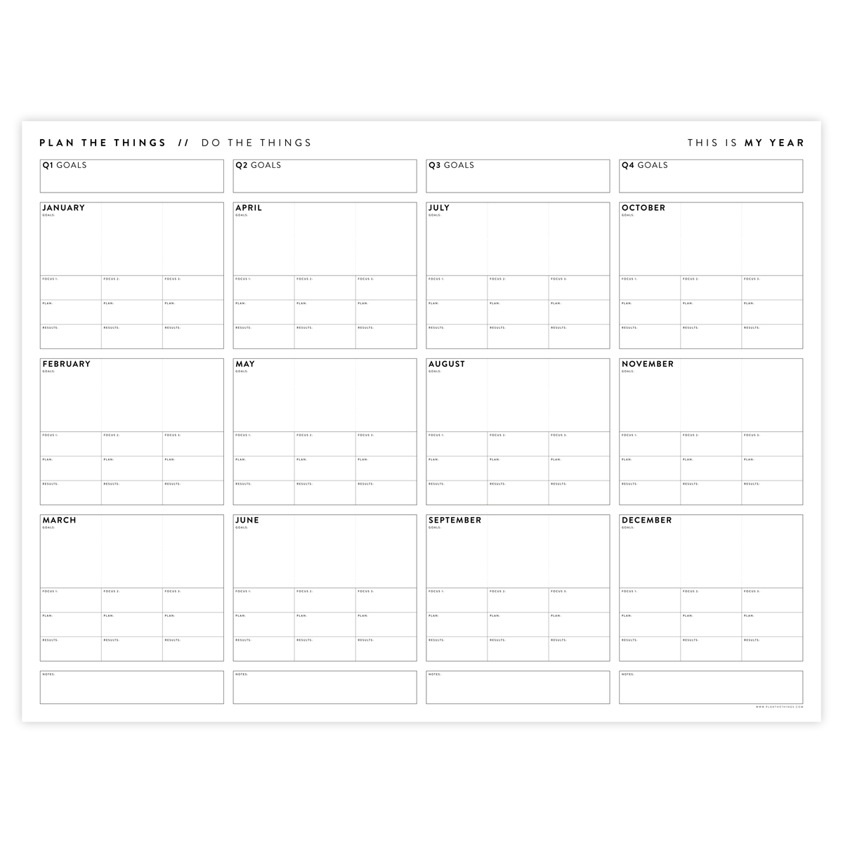 PRINTABLE UNDATED FOCUS AND GOALS ANNUAL WALL PLANNER - INSTANT DOWNLOAD